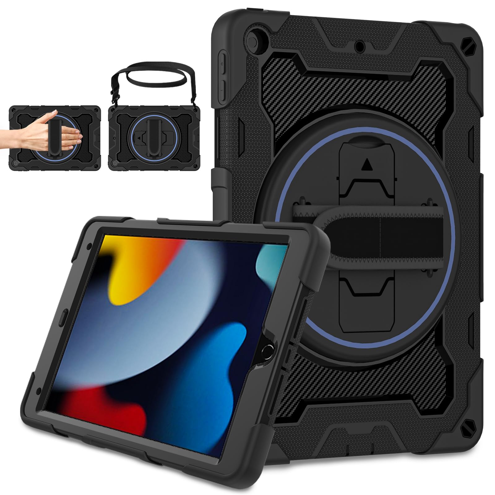 Rosrome For Ipad 9Th 8Th 7Th Generation Case 10.2 Inch Ipad Case With Screen Protector, 360 Stand, Hand Strap, Shoulder Strap[Ki