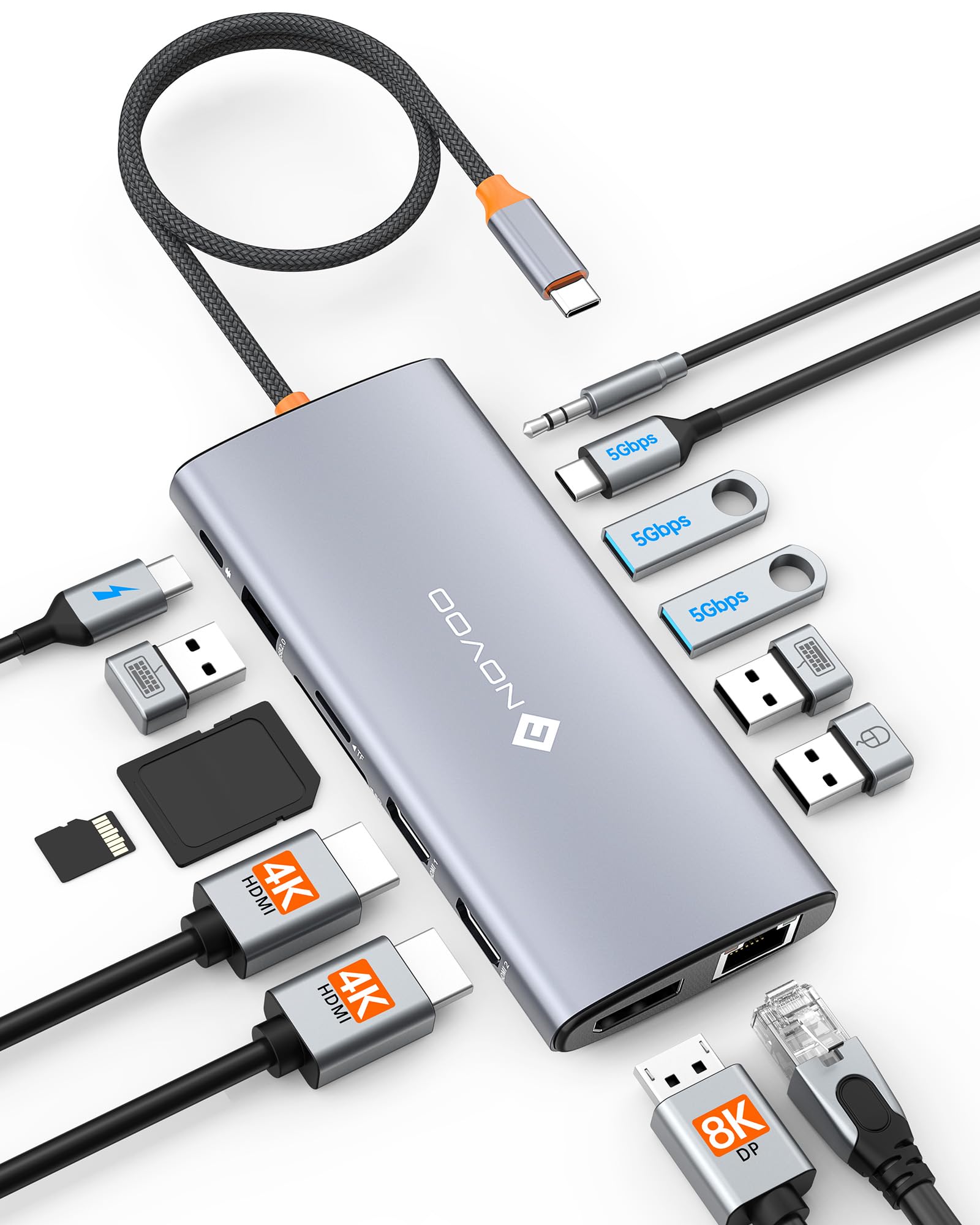 Usb C Docking Station Dual Monitor For Laptop, 14 In 1 Usb C Hub Adapter Thunderbolt 3 To Dual 4K60 Hdmi+8K30 Dp Usb C/A Data 100W Pd Rj45 Sd/Tf Audio Multiport Dock For Macbook/Dell/Hp/Lenovo/Surface