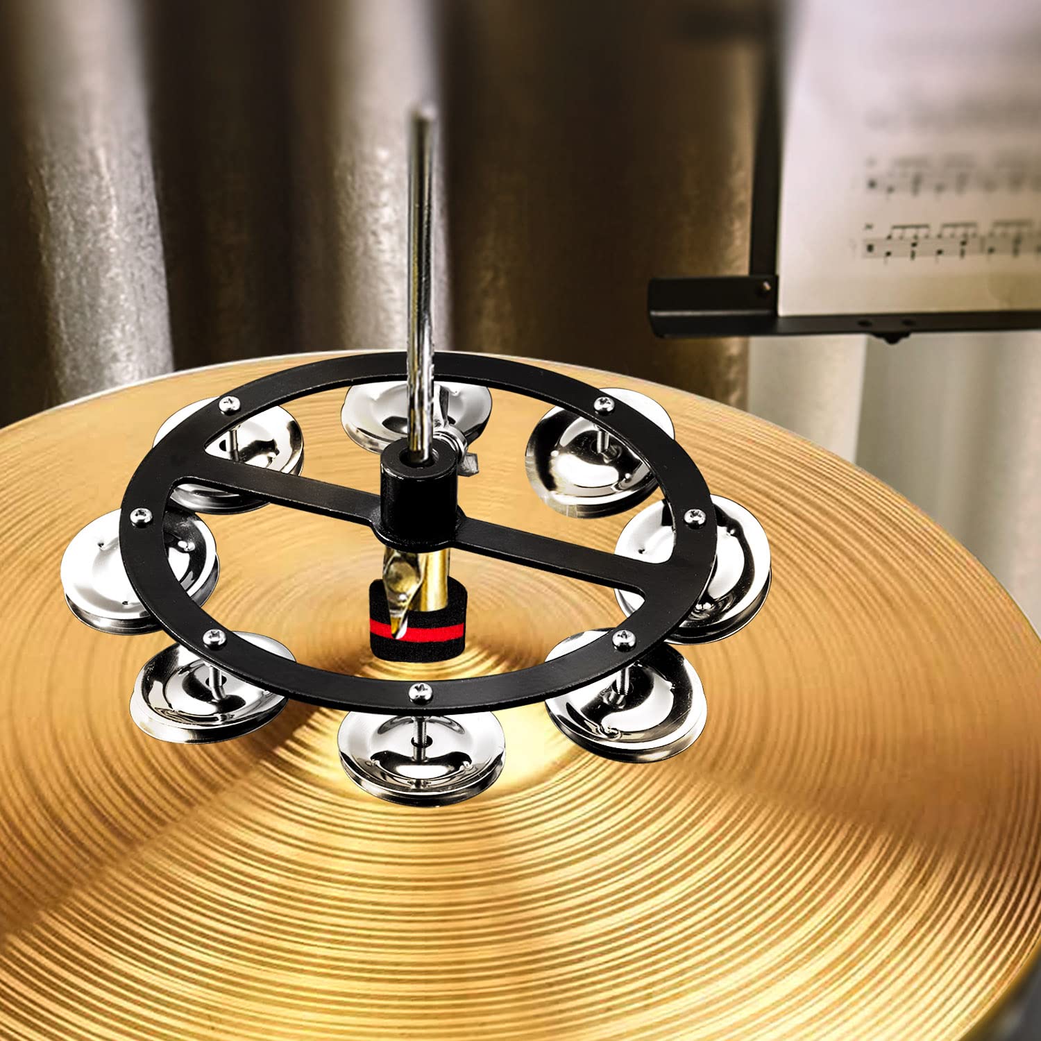 Facmogu 5.5 Inch Mountable Cymbal Hi Hat Tambourine With Single Row 8 Pair Stainless Steel Jingles 37Cm/1.5In, Drum Set Tambourine With Wing Nut Mount & Durable Alloy Construction For Hihats   Black