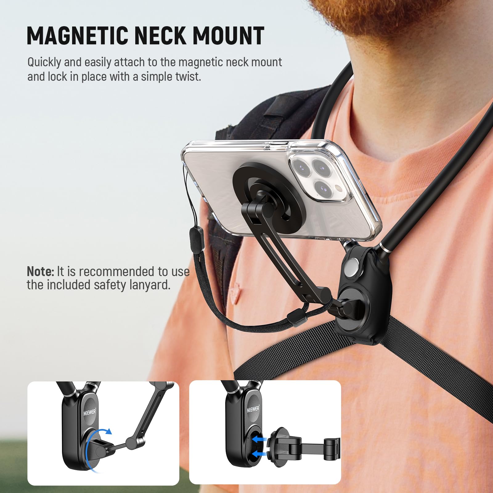 Neewer Magnetic Neck Holder For Action Camera & Phone, Hands Free Neck Mount With Chest Strap Compatible With Gopro Dji Insta360