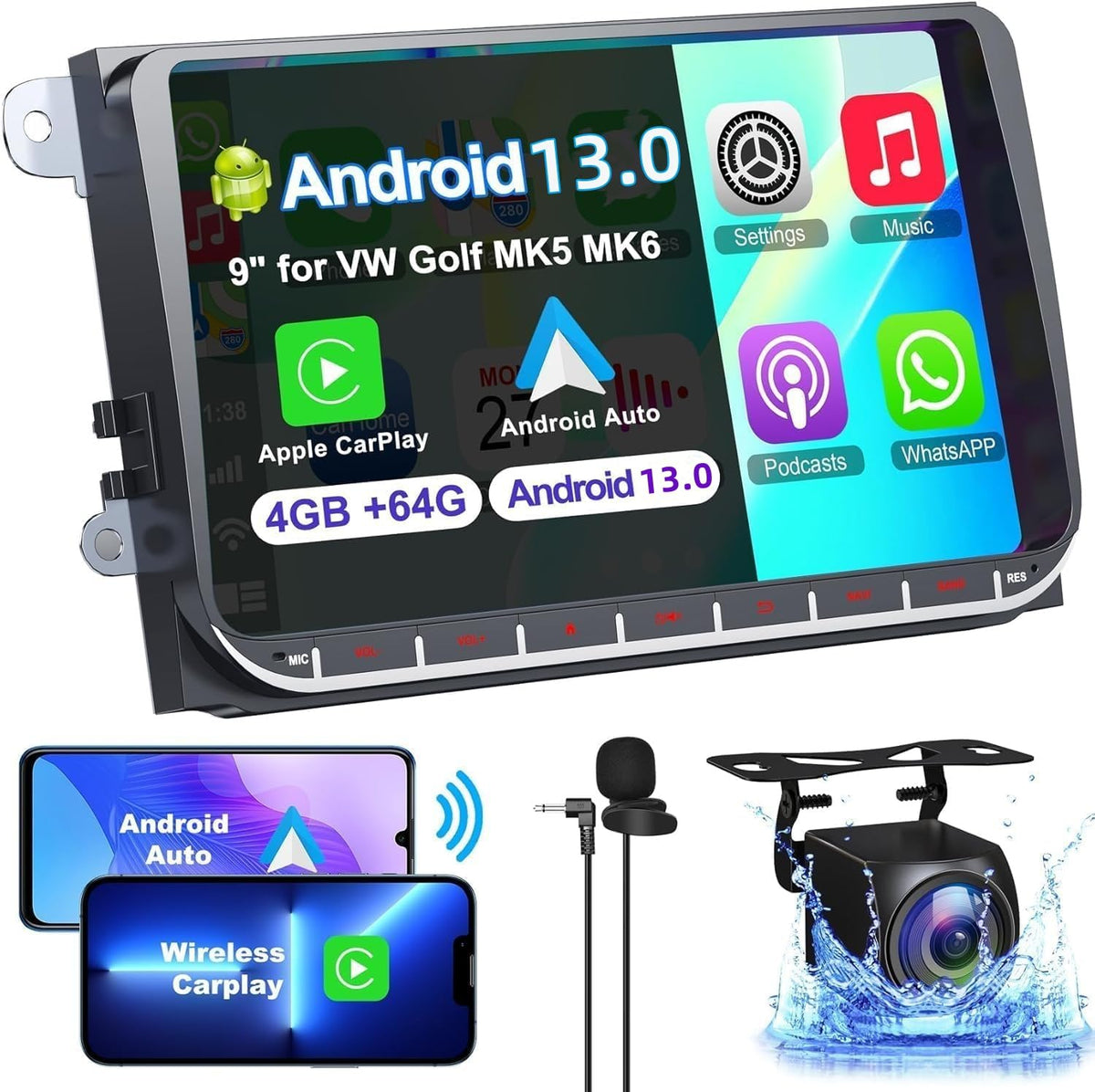 4G+64G 9 Inch Touch Screen Car Radio Stereo For Vw Jetta Passat Golf Tiguan Android 13 Wireless Carplay Android Auto Bluetooth W