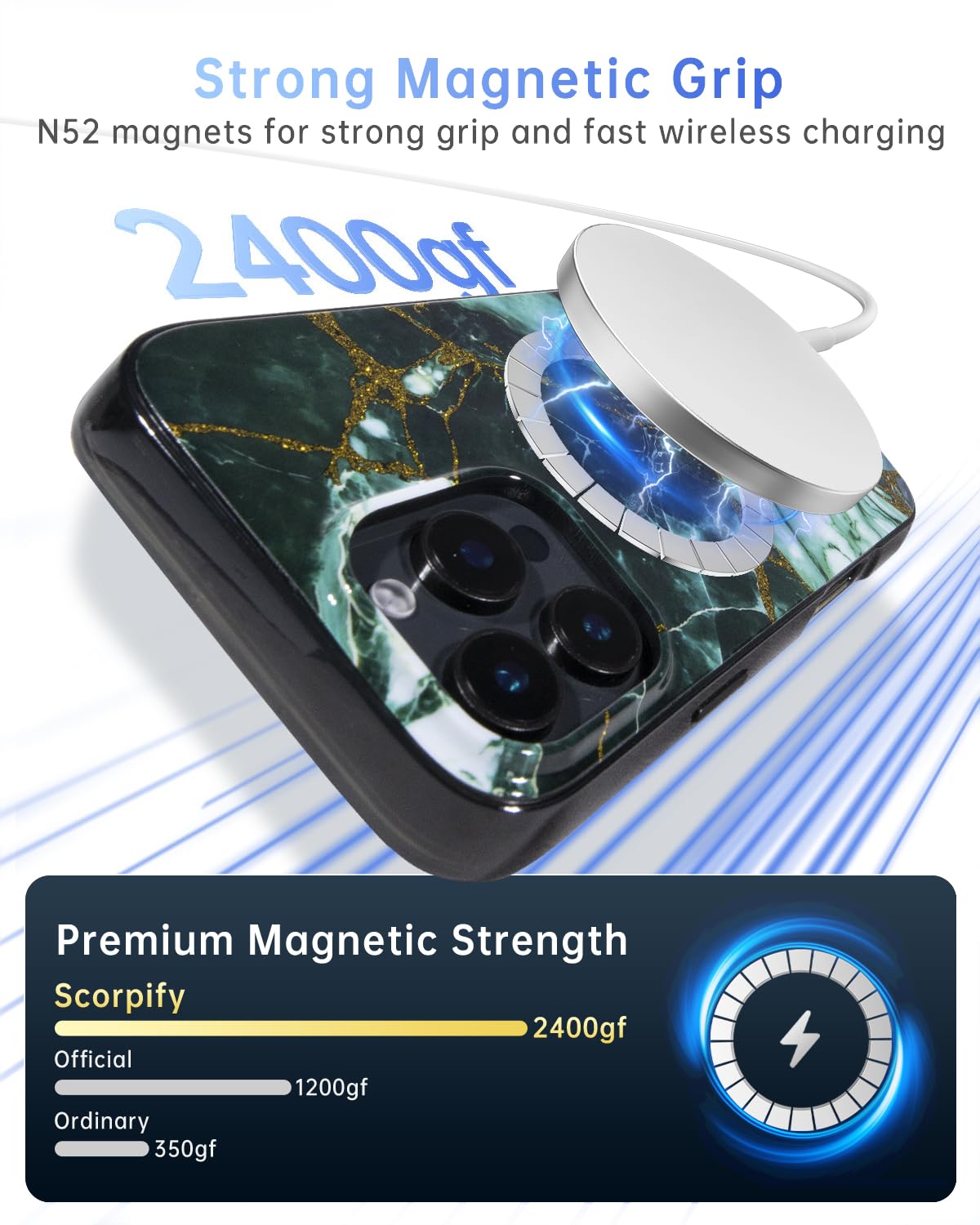 Scorpify For Iphone 16 Pro Max Case [Compatible With Magsafe] With Emerald Green Marble Design, Cute Magnetic Phone Cover For Wo