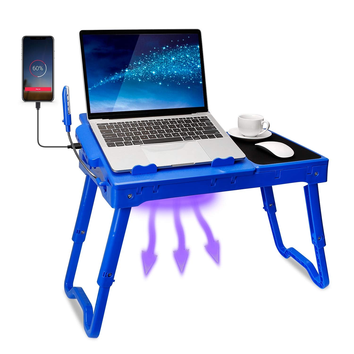 Teqhome Laptop Table For Bed, Adjustable Laptop Bed Desk With Fan, 4 Usb Ports, Portable Lap Desk With Foldable Legs, Laptop Stand For Couch Sofa Bed Tray With Led Light, Storage, Mouse Pad   Blue
