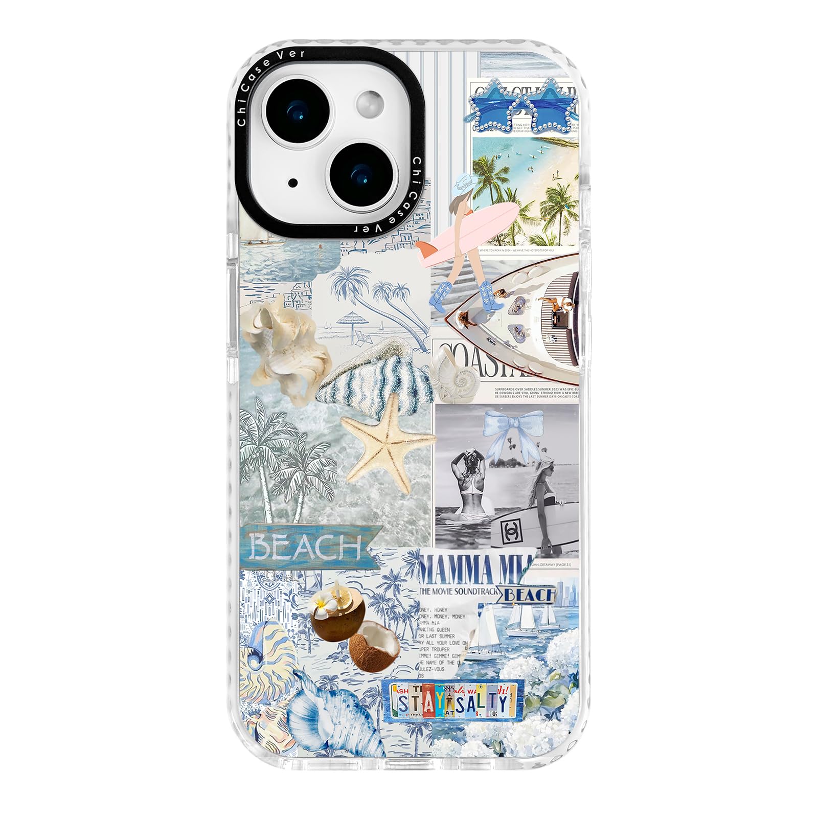 ChiCaseVer for iPhone 13 & iPhone 14 Case, Tropical Beach Collage Pattern, Fun Soft Slim TPU Compatible with MagSafe, Military-G