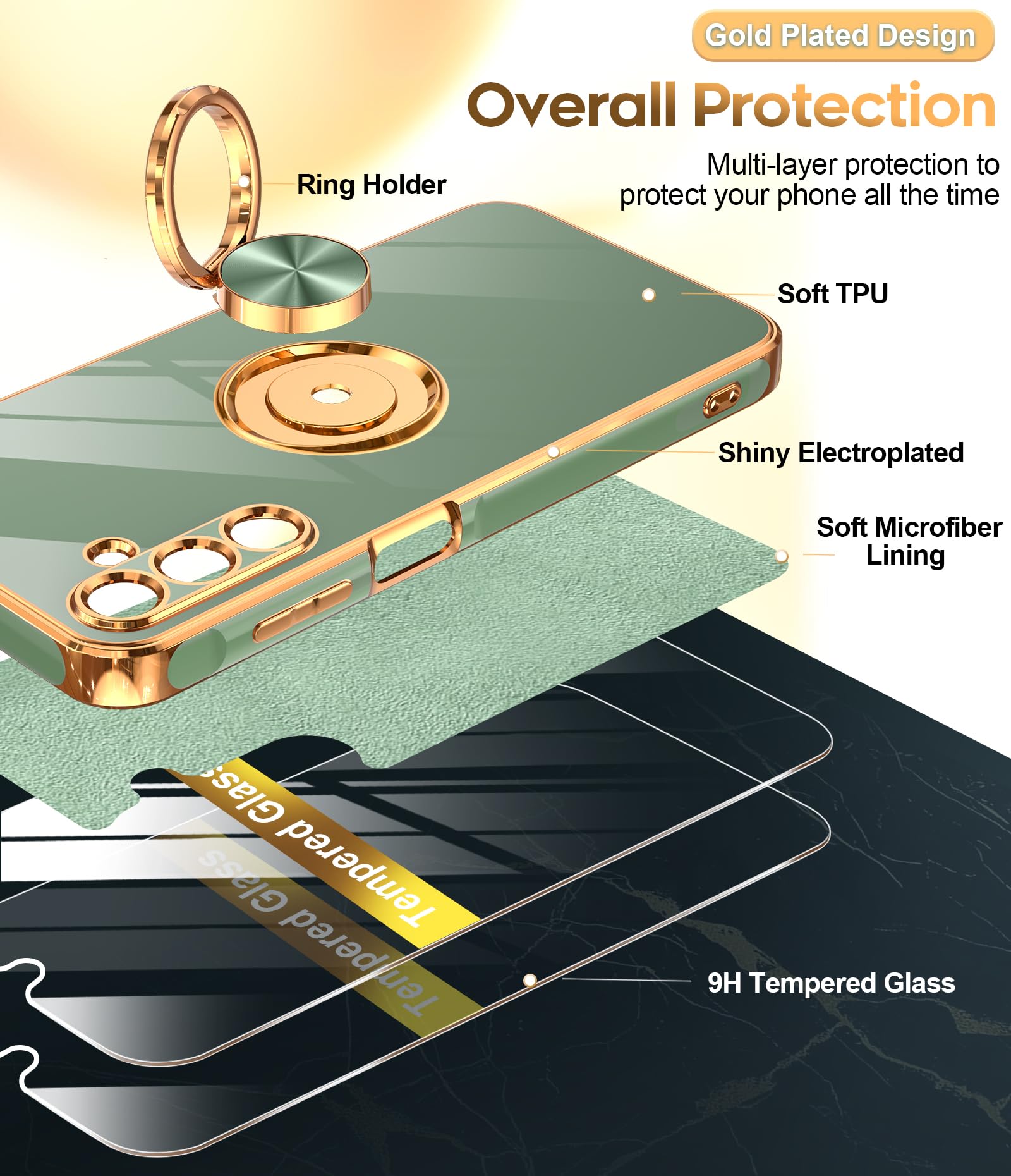 Leyi For A15 5G Case: With Tempered Glass Screen Protector [2 Pack] 360 Rotatable Ring Holder Magnetic Kickstand, Plating Rose G