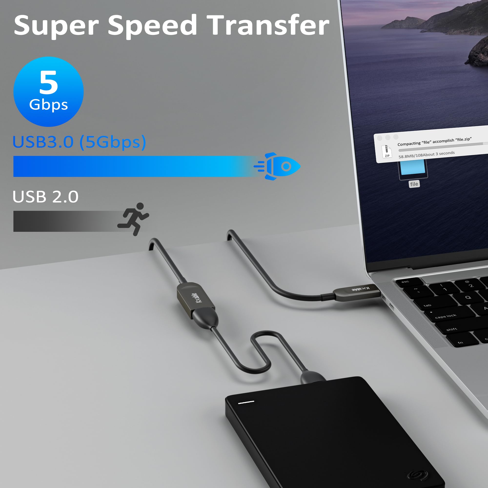 Kxable Usb 3.0 Extension Cable 100 Feet, Usb Active Fiber Optical Male To Female Extender Cord, High Speed 5Gbps Data Transfer,