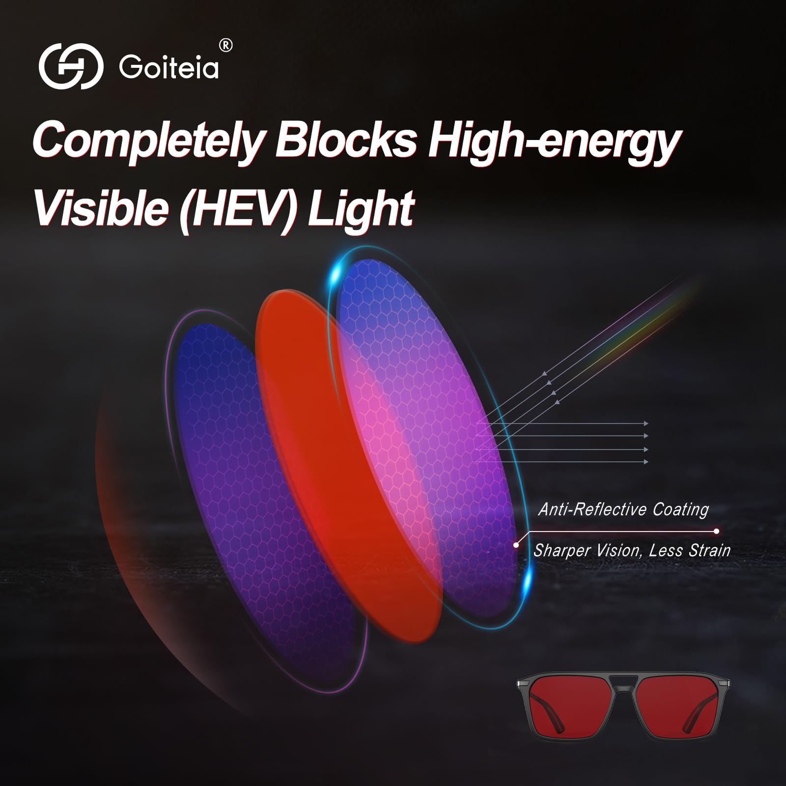 Goiteia Blue Light Blocking Glasses - Red Tinted, Medium Size, Ebony Black, Spring Hinges for Comfort, Red Blue Light Filter for Better Sleep