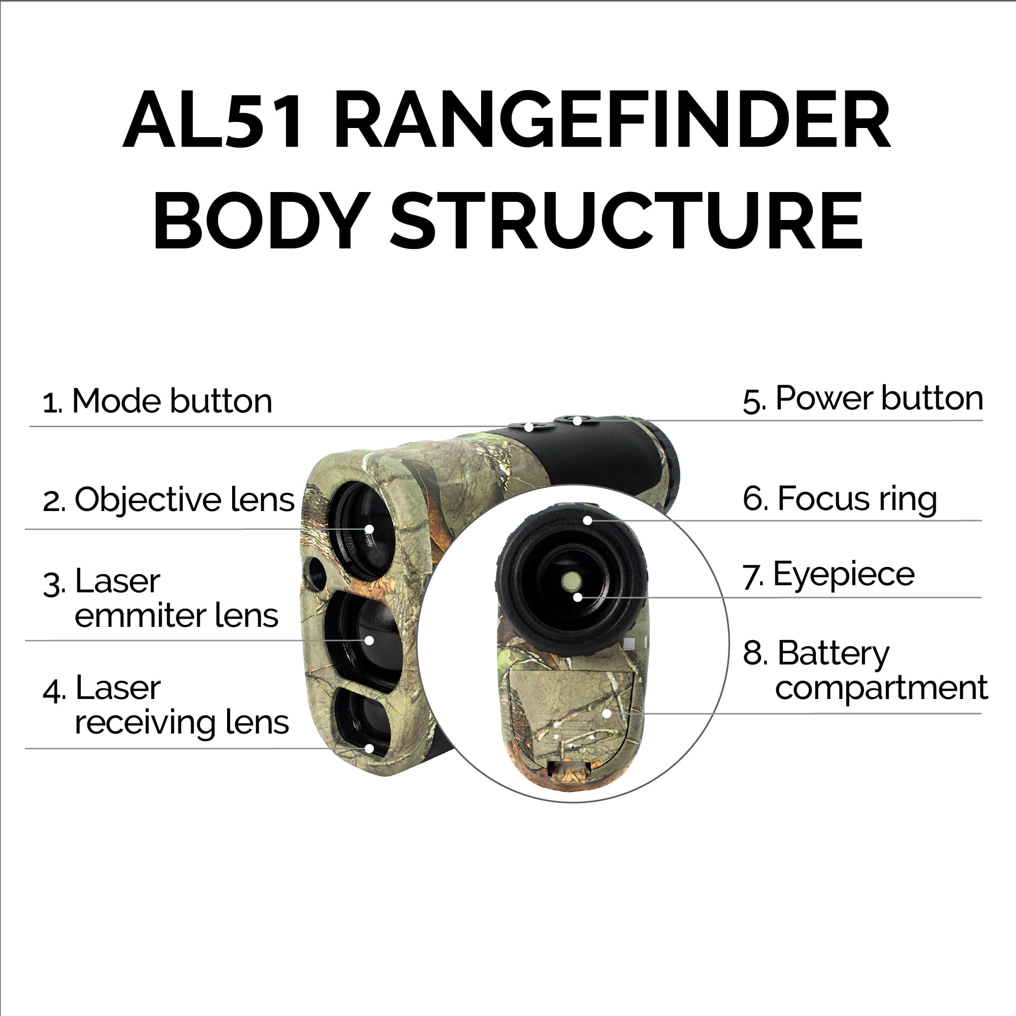 Ailemon Al51 Rangefinder Hunting Laser Range Finder Camo 900 Yards Waterproof Archery Rangefinders Multi Functional Distance/Ang