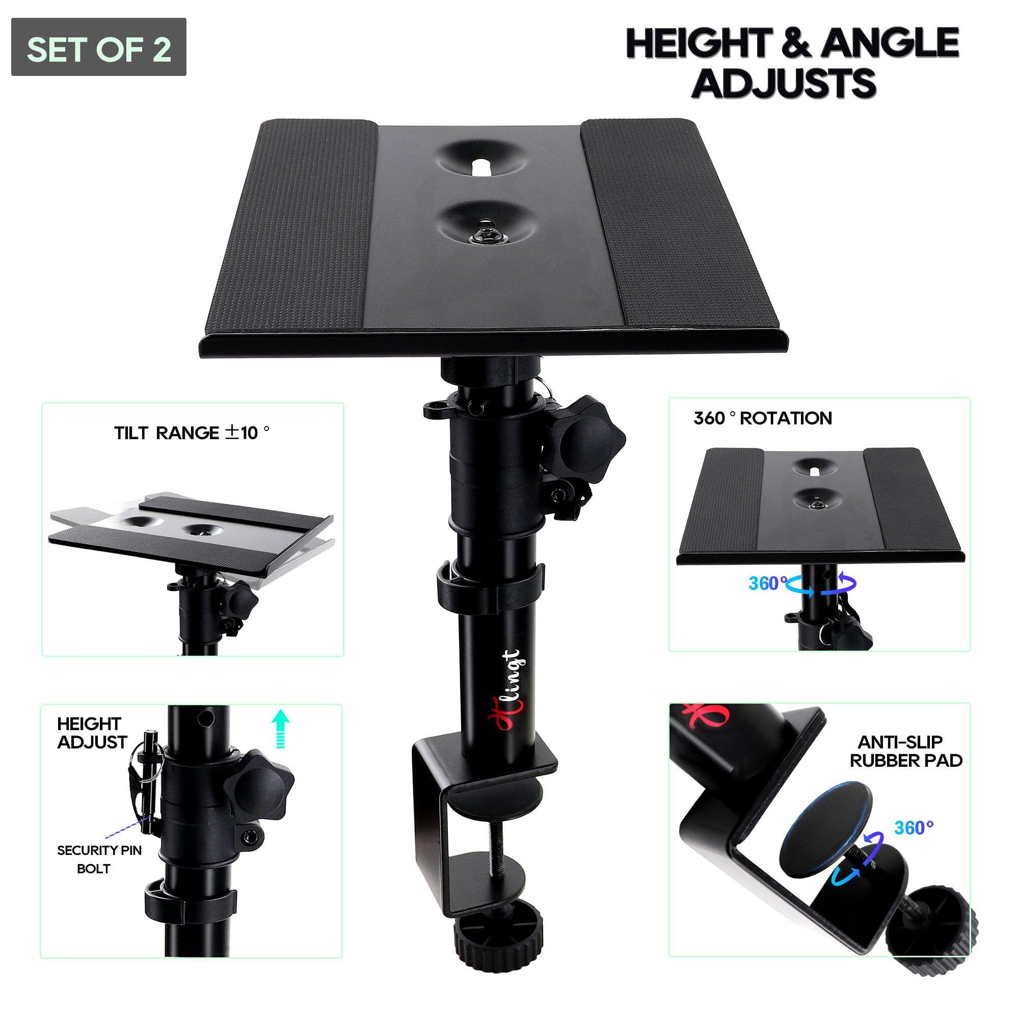Tlingt Studio Monitor Stand Pair, Clamp-On Desk Set Of 2, 9.5X9 Inch Metal Tray, -10 To +10 Tilted Angle For Wide Range Of Monit
