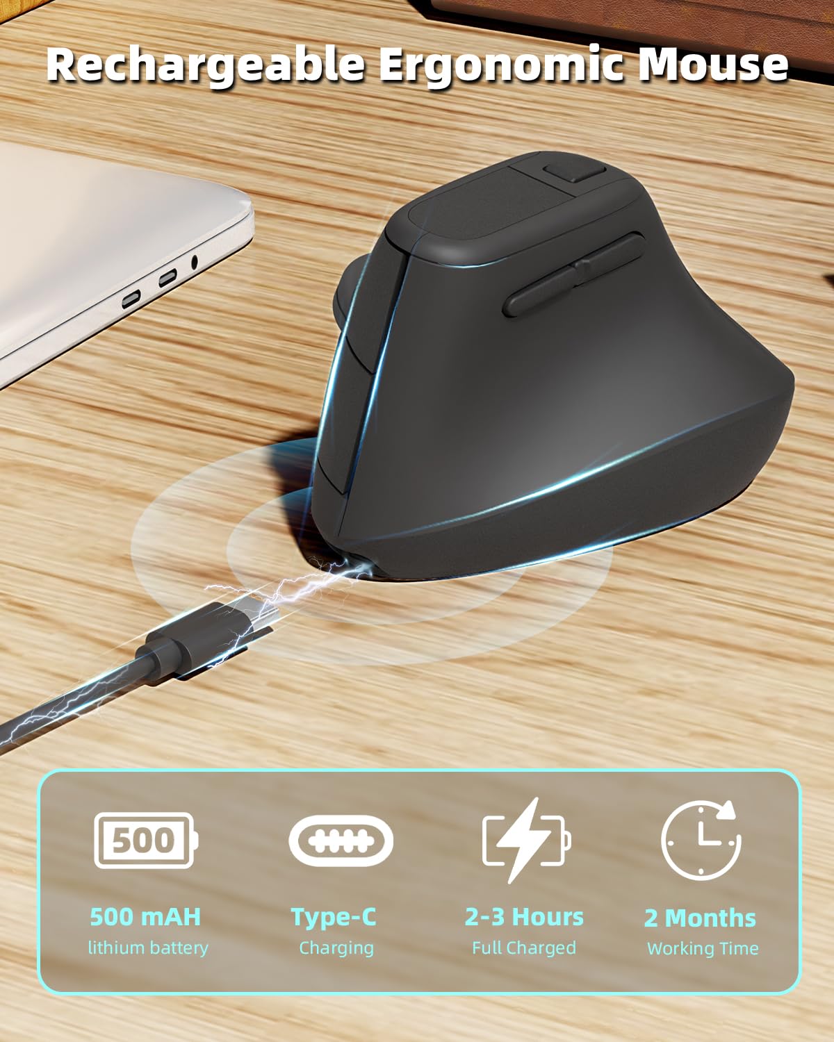Zhaman Ergonomic Vertical Mouse, 2.4G Usb & Type C Rechargeable Mouse, Ergo Wireless Mouse With 3 Adjustable Dpi For Pc/Notebook