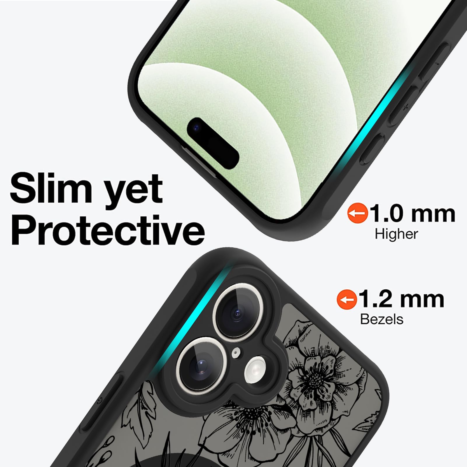 Ook Magnetic For Iphone 16 Plus Case [Compatible With Magsafe] Black Peony Flower Slim Translucent Matte Case For Iphone 16 Plus