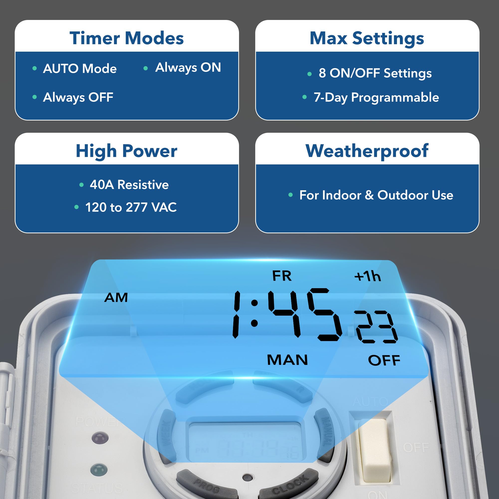 Bn Link Pool Pump Timer, Outdoor Timer Box, Heavy Duty, 2Hp 40A Max, 120, 240, 277 Vac, For Pool Pump, Water Heater, Fans, Spa,