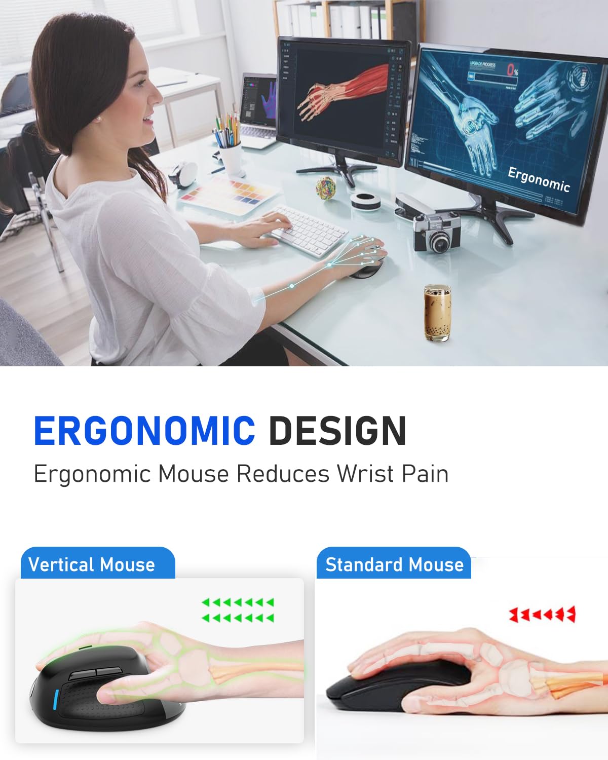 Ergonomic Mouse, E Yooso Wireless Vertical Mouse With 6 Buttons, 5 Adjustable Dpi Levels, Up To 4800 Dpi, 2.4G And Bluetooth Rec