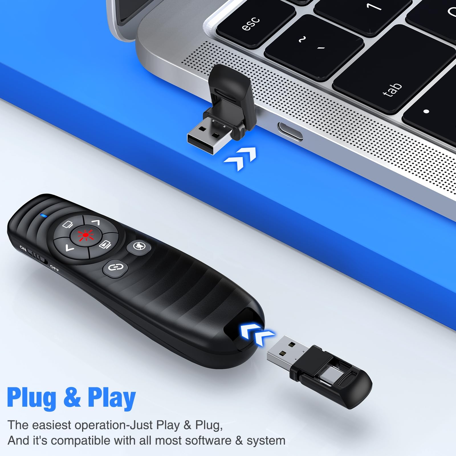 2-In-1 Usb-C Wireless Presentation Clicker, 2.4Ghz Slide Clicker With Volume Control & Hyperlink, Pointer For Mac Laptop Compute