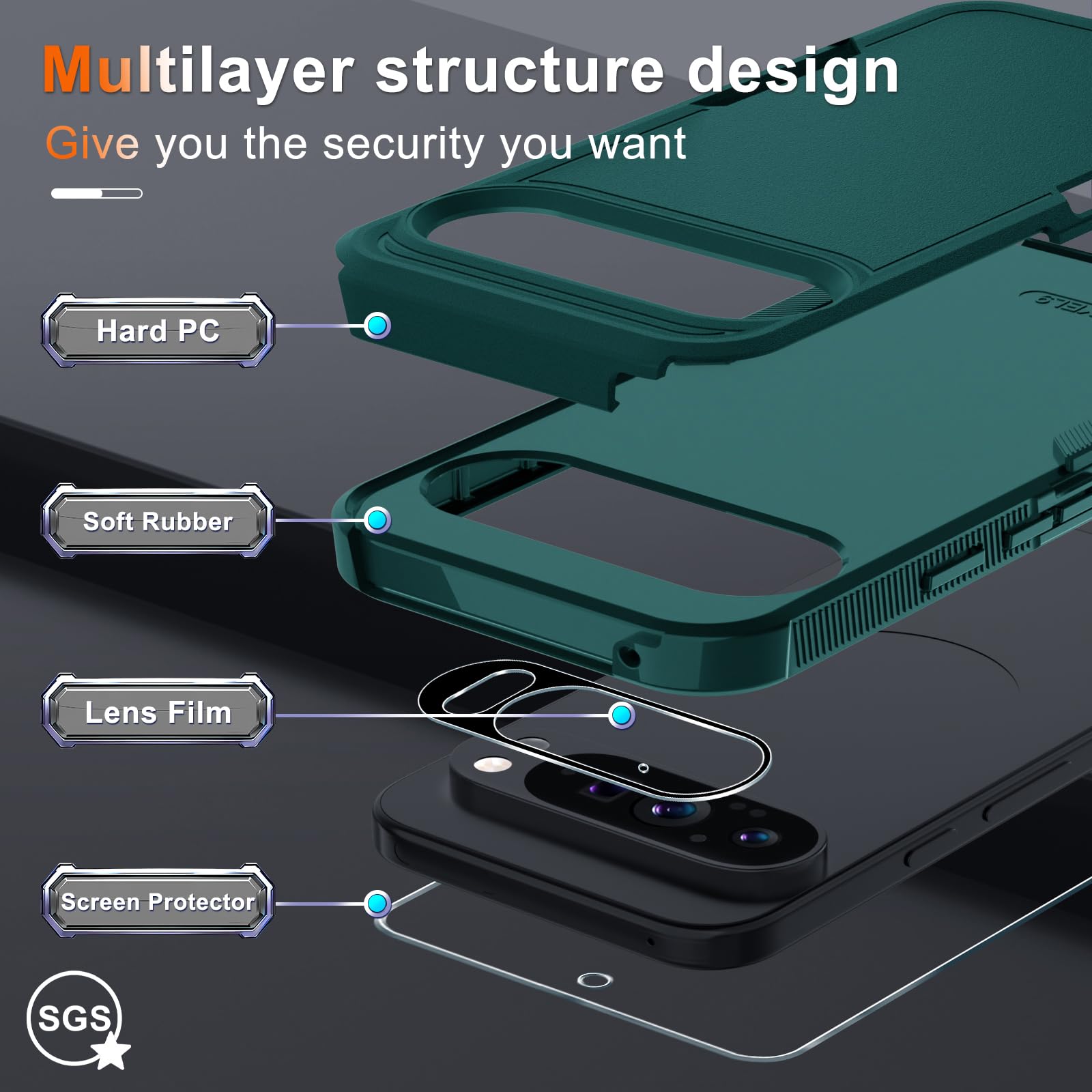 Rmocr Case For Google Pixel 9 Pro Xl, Full Body Heavy Duty Rugged Shockproof Protective Phone Cover With Lanyard Strap, Tempered