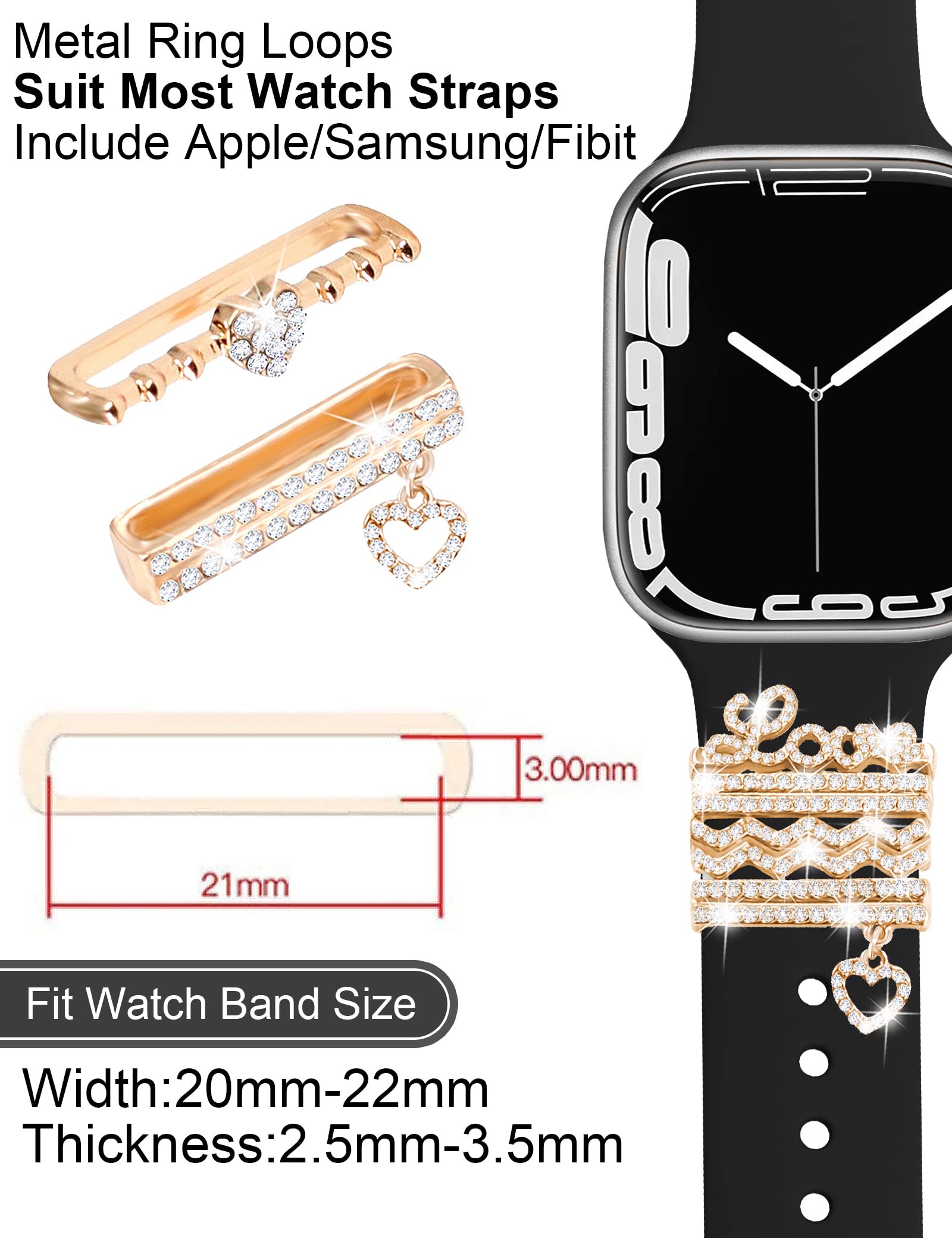 Jr.Dm 11 Pcs Super Bling Watch Charms With 9 Pcs Decorative Rings Loops 2 Pcs Decoration, Compatible With Apple Watch Band Metal
