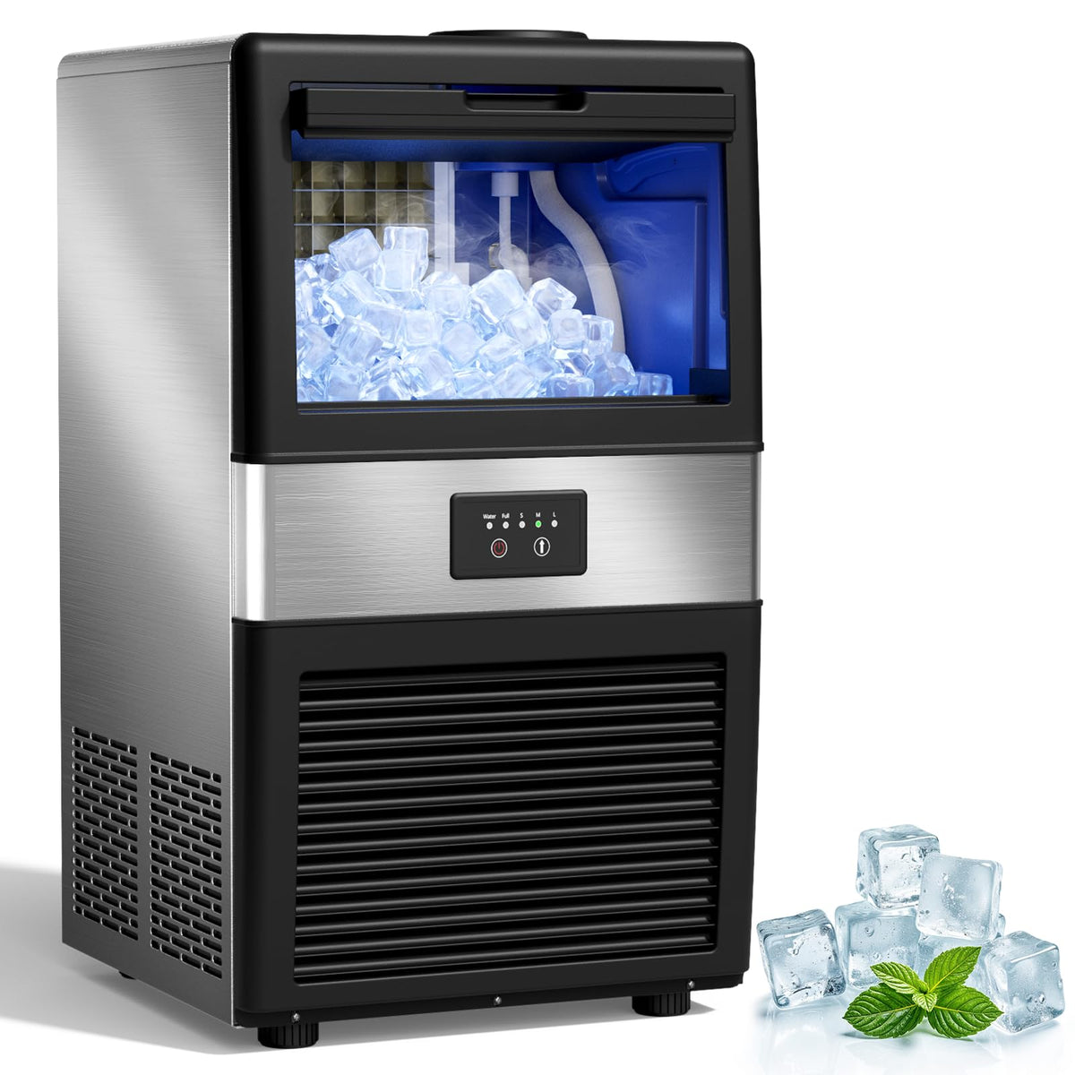 Commercial Ice Maker 100 Lbs/24H, Large Ice Making Machine With 33 Lbs Storage Bin, Freestanding 11-20 Min And 45 Cubes/Cycle In