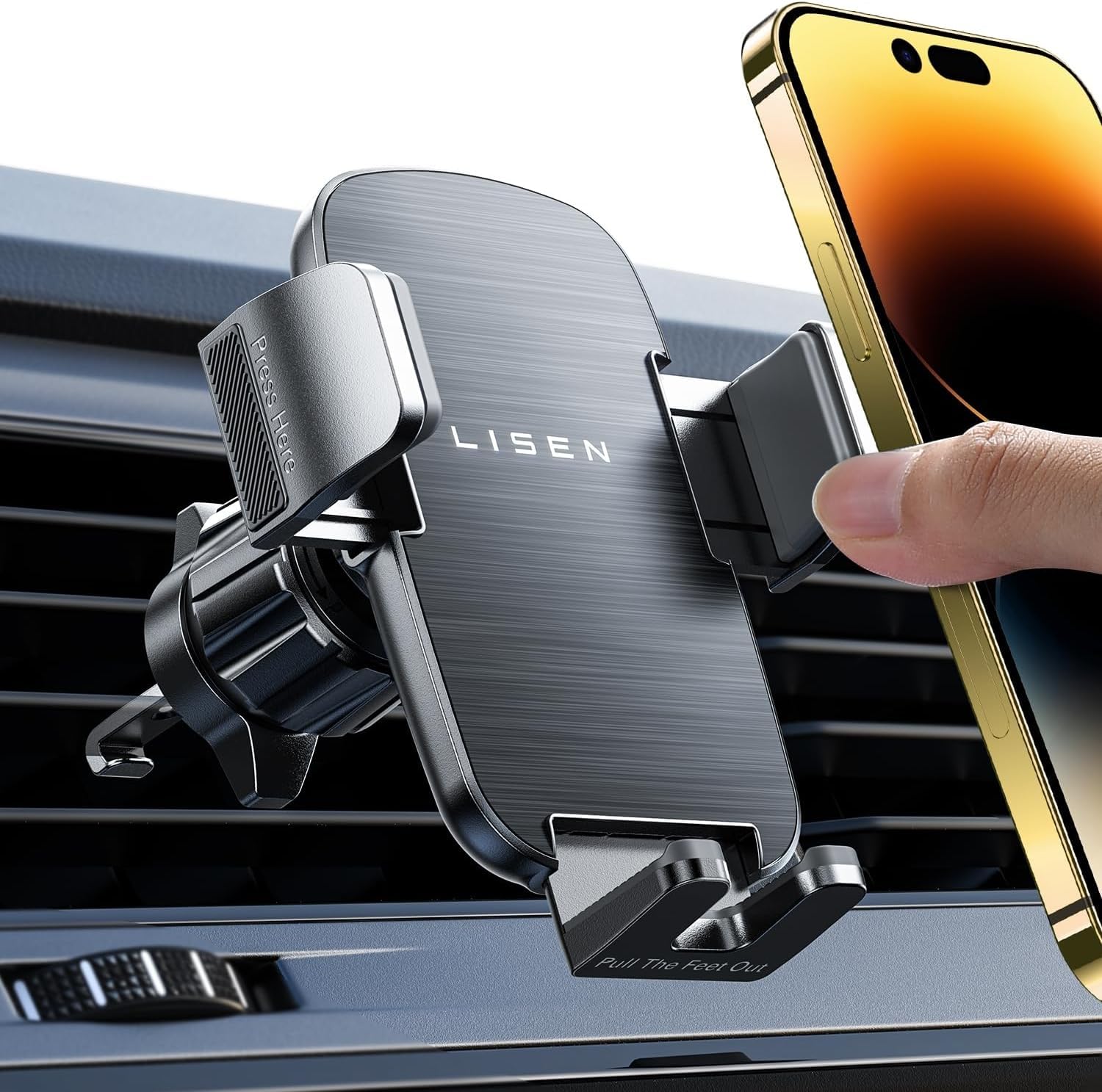 Lisen Air Vent Phone Holder For Car, Phone Holders For Your Car Vent Wider Clamp & Metal Hook Phone Holder [Thick Cases Friendly