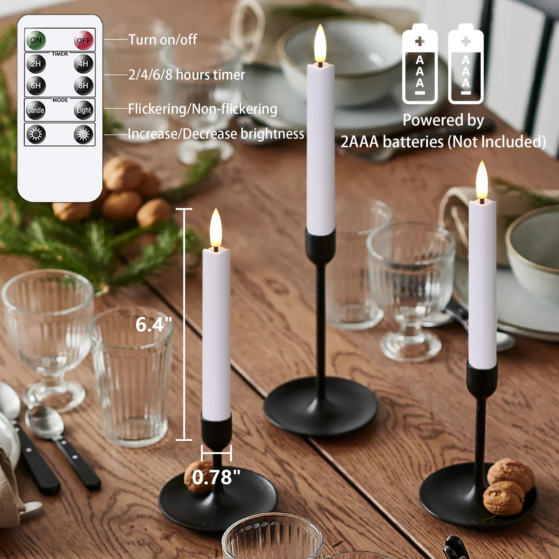 Yeelida Battery Operated Flameless Taper Candles With Two Remote Timer, 6.4'' Led 3D Wick Window Candles, Flickering Long Lastin