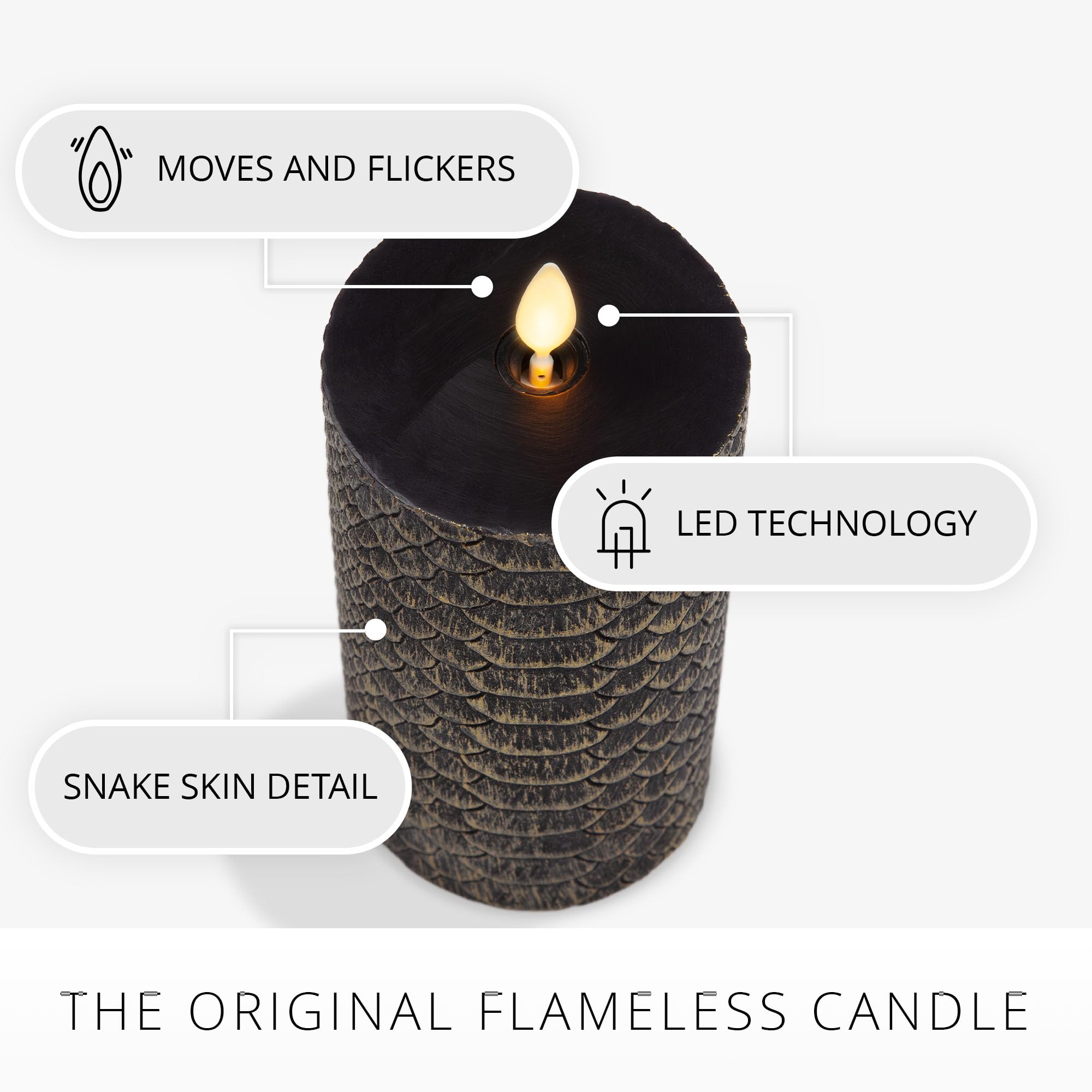 Luminara Black And Gold Snake Skin Flameless Led Candle, Flat Top Moving Flame Pillar, Real Unscented Wax And Timer (3'' X 6.5''