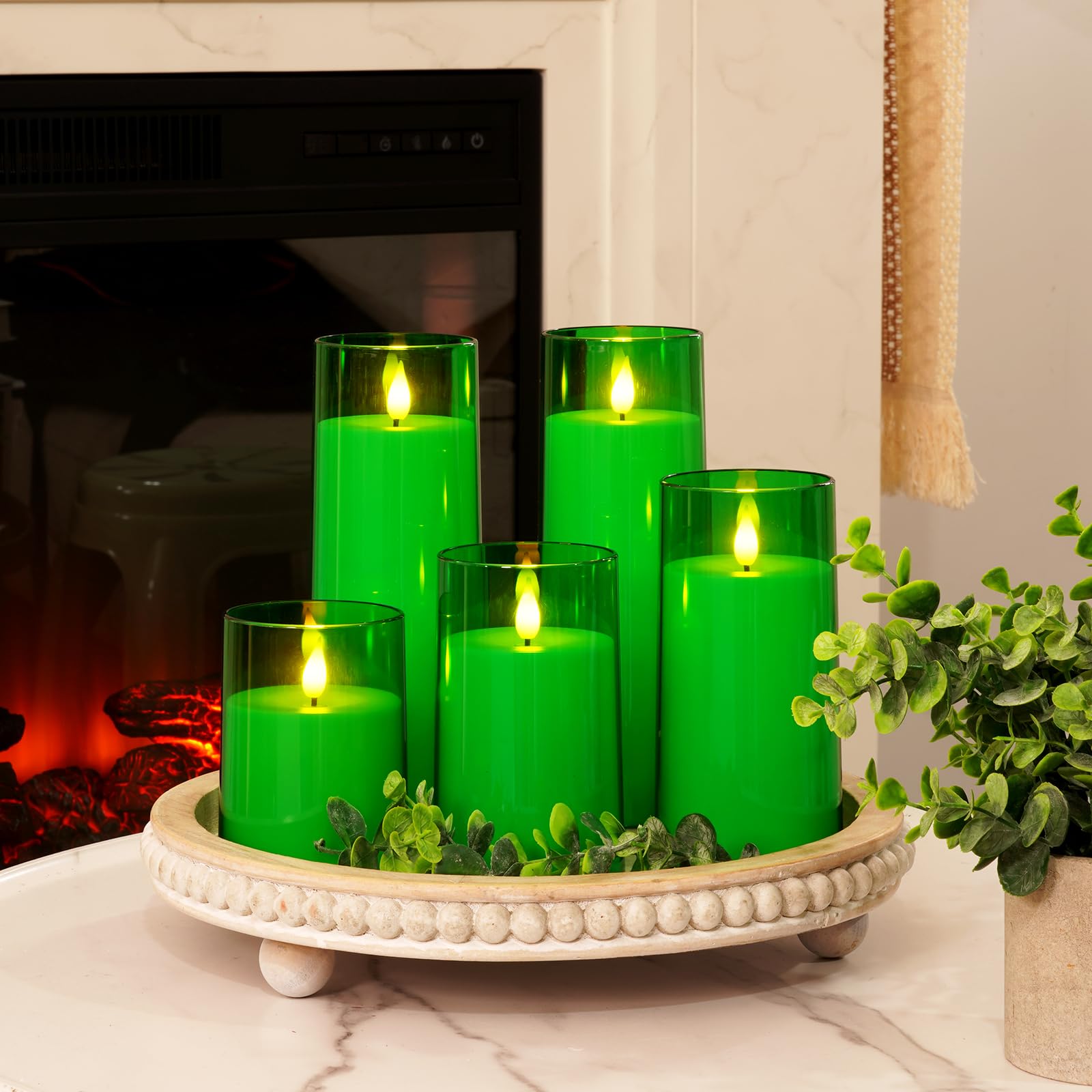 Homemory Green Flickering Flameless Candles, Battery Operated Acrylic Led Pillar Candles With Remote Control And Timer, Set Of 5
