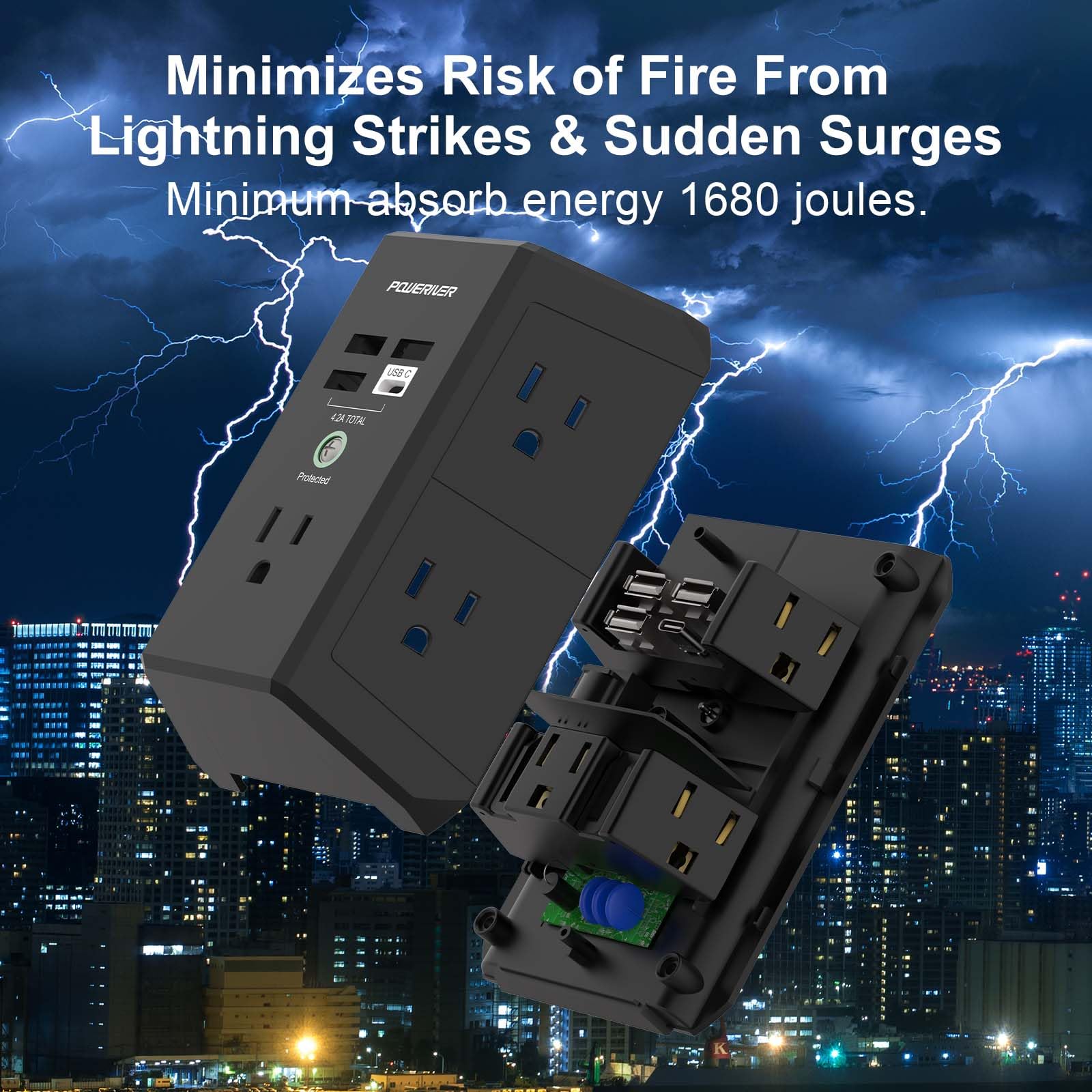 Multi Outlet Extender Surge Protector   Poweriver Multi Plug Wall Outlet With 5 Ac Outlets And 4 Usb Ports(1Usb C), 1680 Joules,