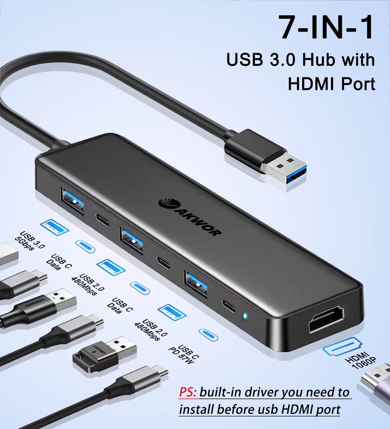 Usb 3.0 To Hdmi Adapter, Usb 3.0 Hub With Hdmi 1080P, Usb 3.0, Usb 2.0, Usb C Data & Power Ports, Usb Docking Station Extender For Monitor, Pc, Laptop, Desktop Support Windows 7/8/10/11 & Mac Os
