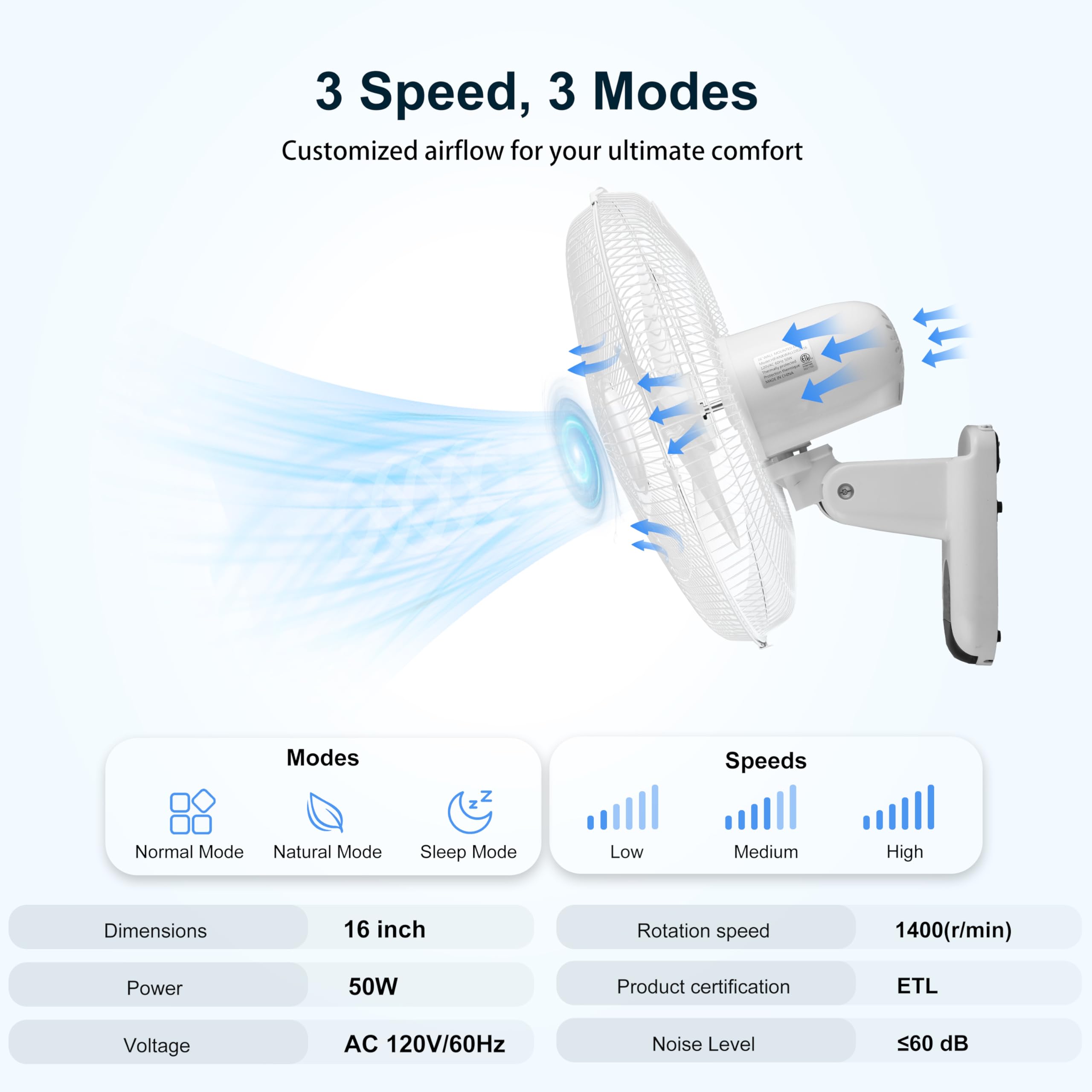 Xcity 16 Inch Wall Mounted Fan With Remote Control, 3 Speeds, 3 Modes, Timer, 90 Oscillating & 60 Adjustable Tilt, High Velocity