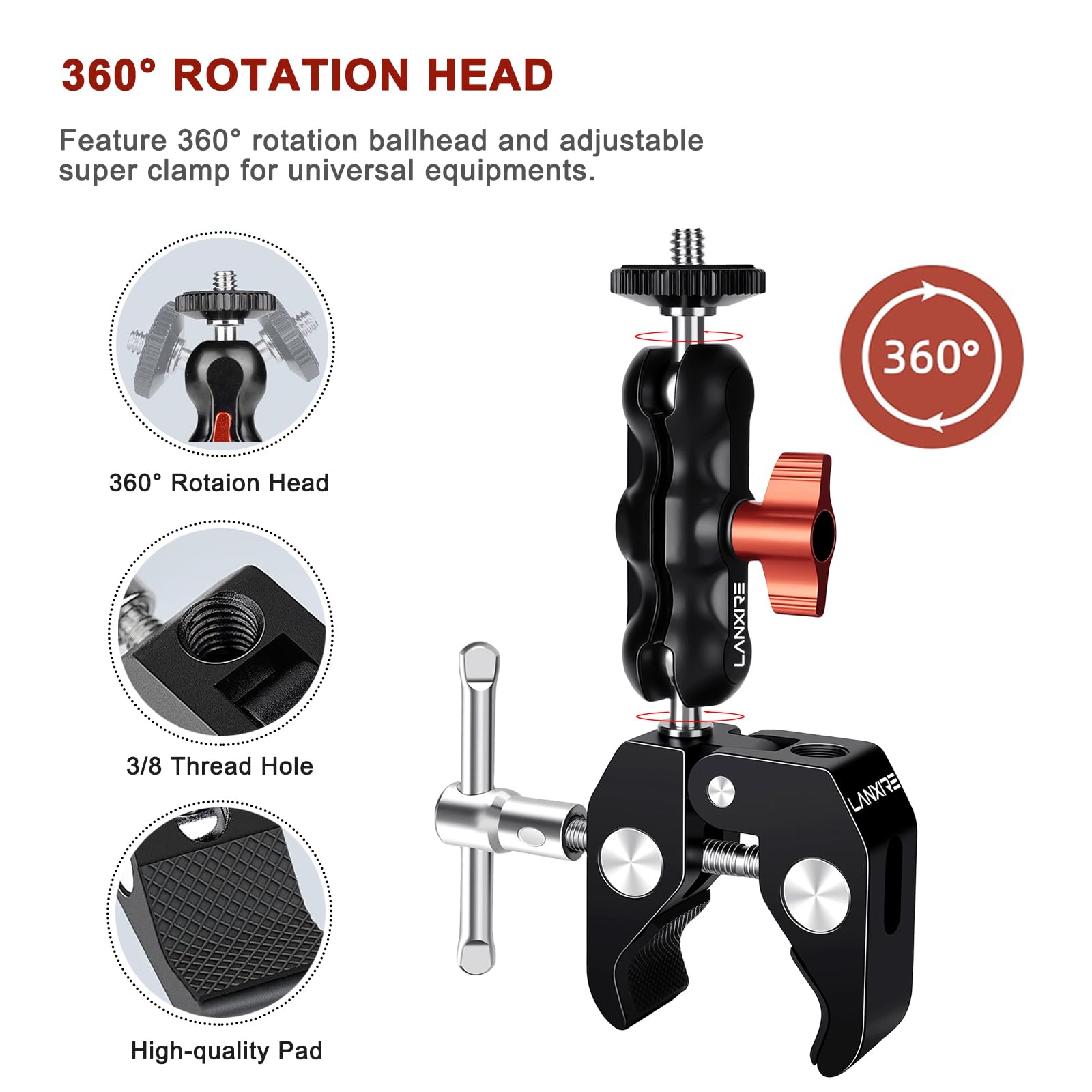 Lanxire Super Clamp Camera Mount With Double Ball Head Adapter   Compatible With Canon Nikon Dslr, Gopro, Led Lights, Ronin M/Mx