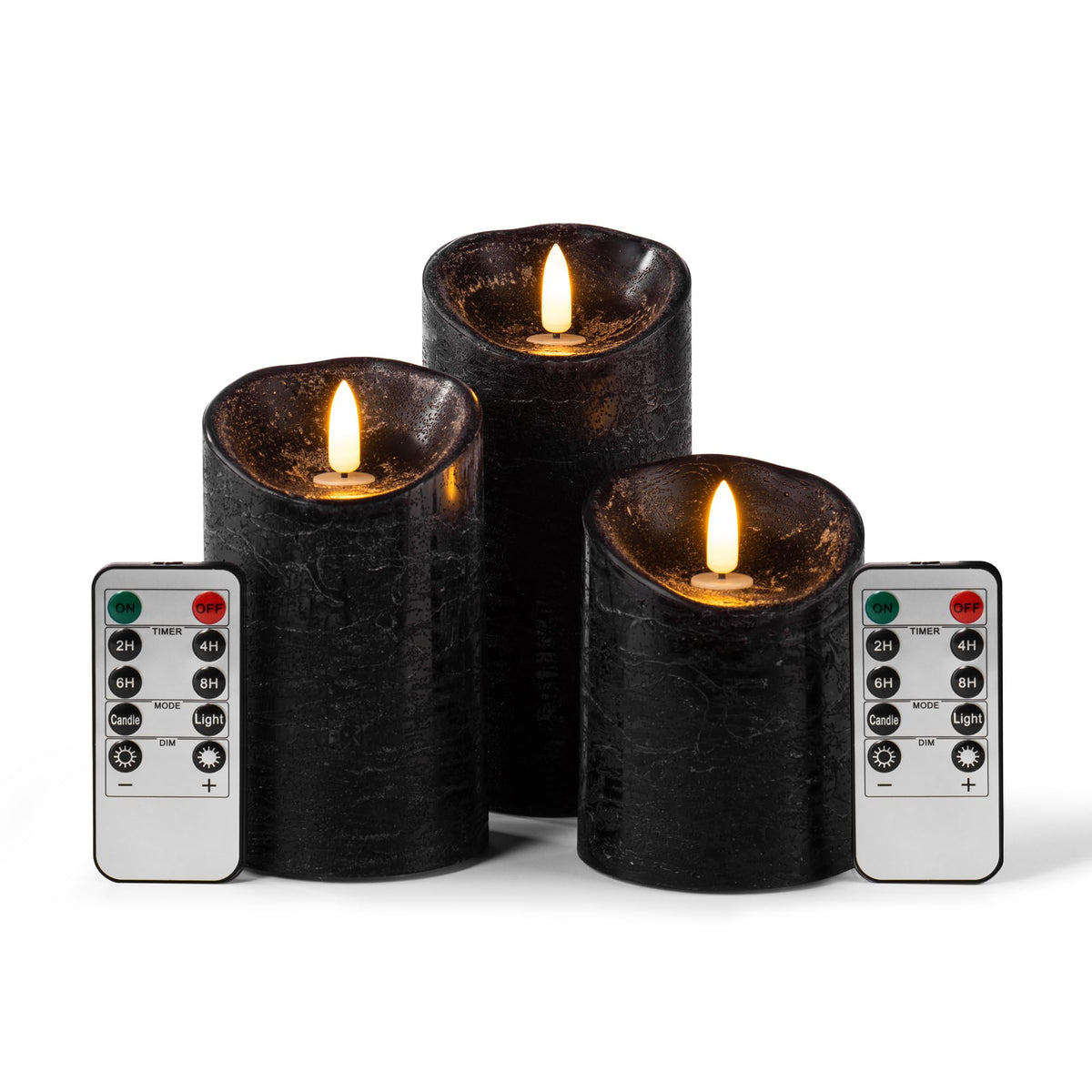 Pandaing Pack Of 3 Black Regular Textured Led Flameless Flickering Battery Operated Candles With Remote And Timer, Real Wax Pill