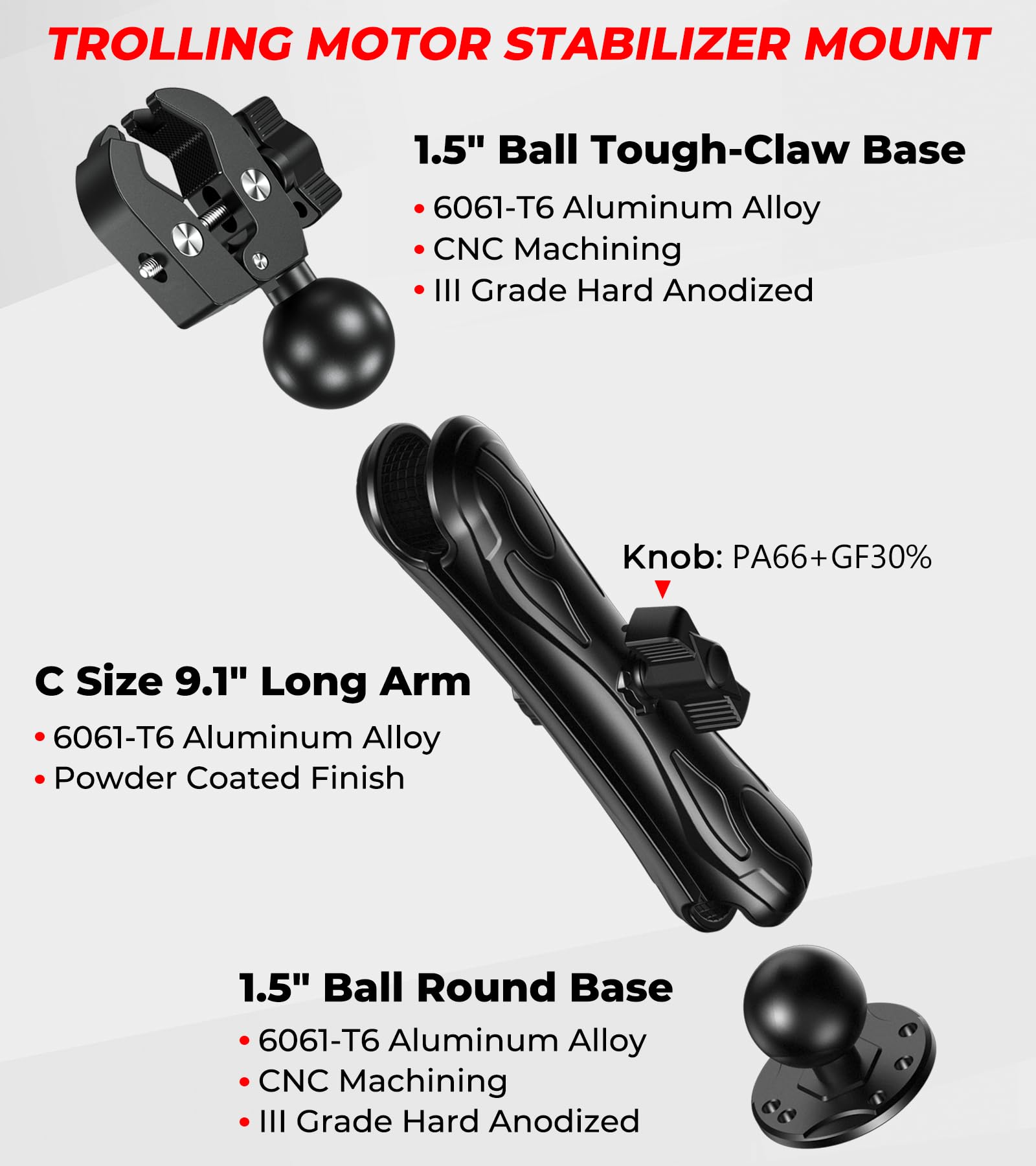 Vazeswin Aluminum Alloy 1.5'' Ball Trolling Motor Stabilizer Mount With Tough Claw Clamp Base For 1/2'' To 1 3/4'' Diameter Rail