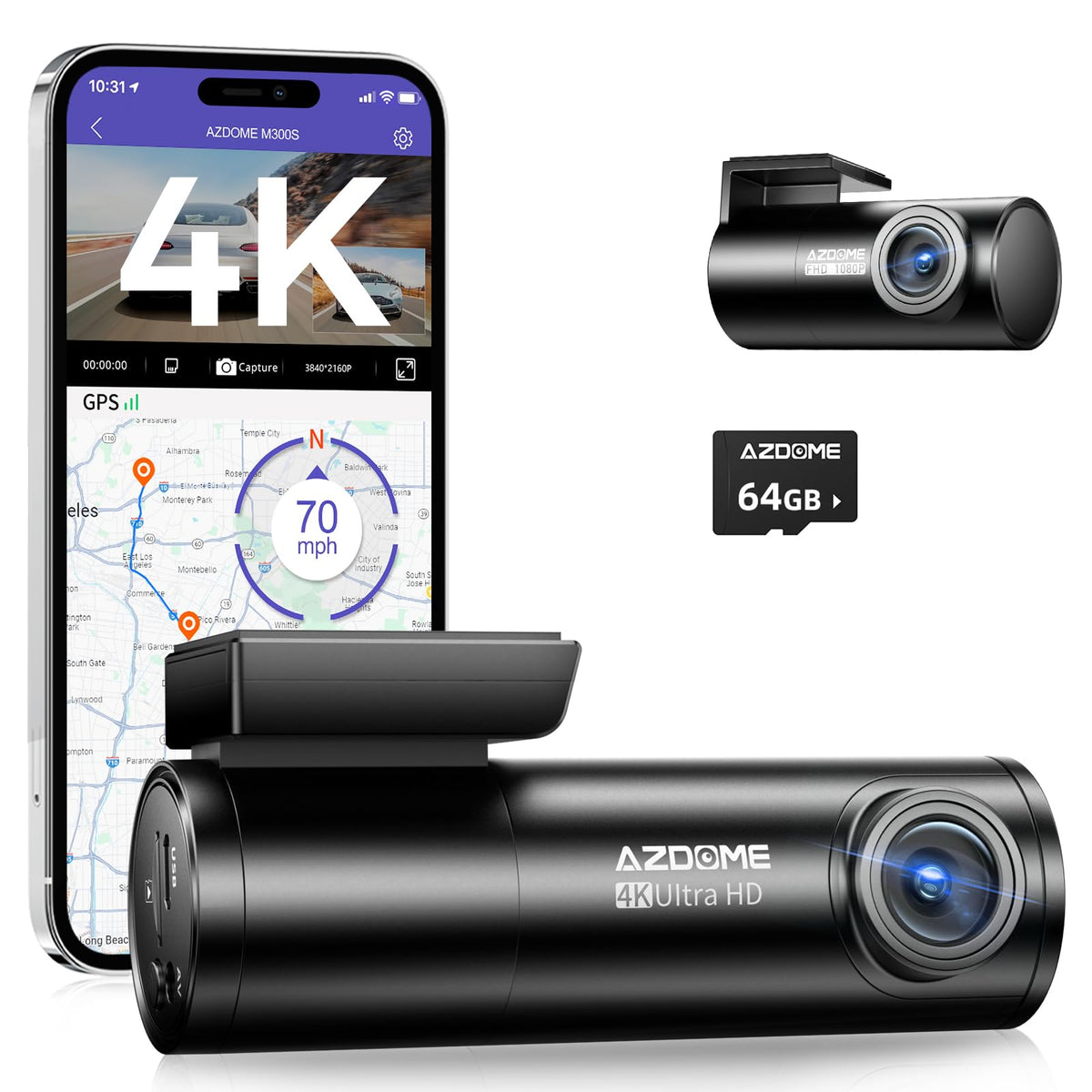 Azdome M300S 4K Dash Cam With 5.8G Wifi 64Gb Sd Card, 170 Dash Cam Front And Rear Gps Voice Control Wdr Night Vision G Sensor 24