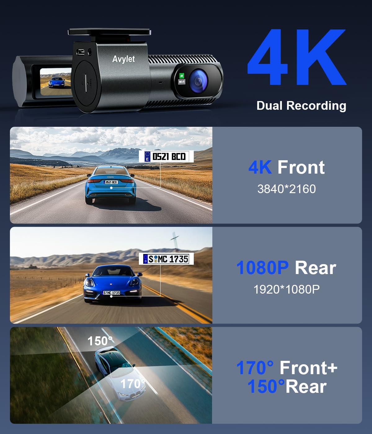 Dash Cam Front And Rear, 4K/1080P Wifi App Dash Camera For Cars, External Gps Module, Dual Dashboard Camera With App, Super Nigh