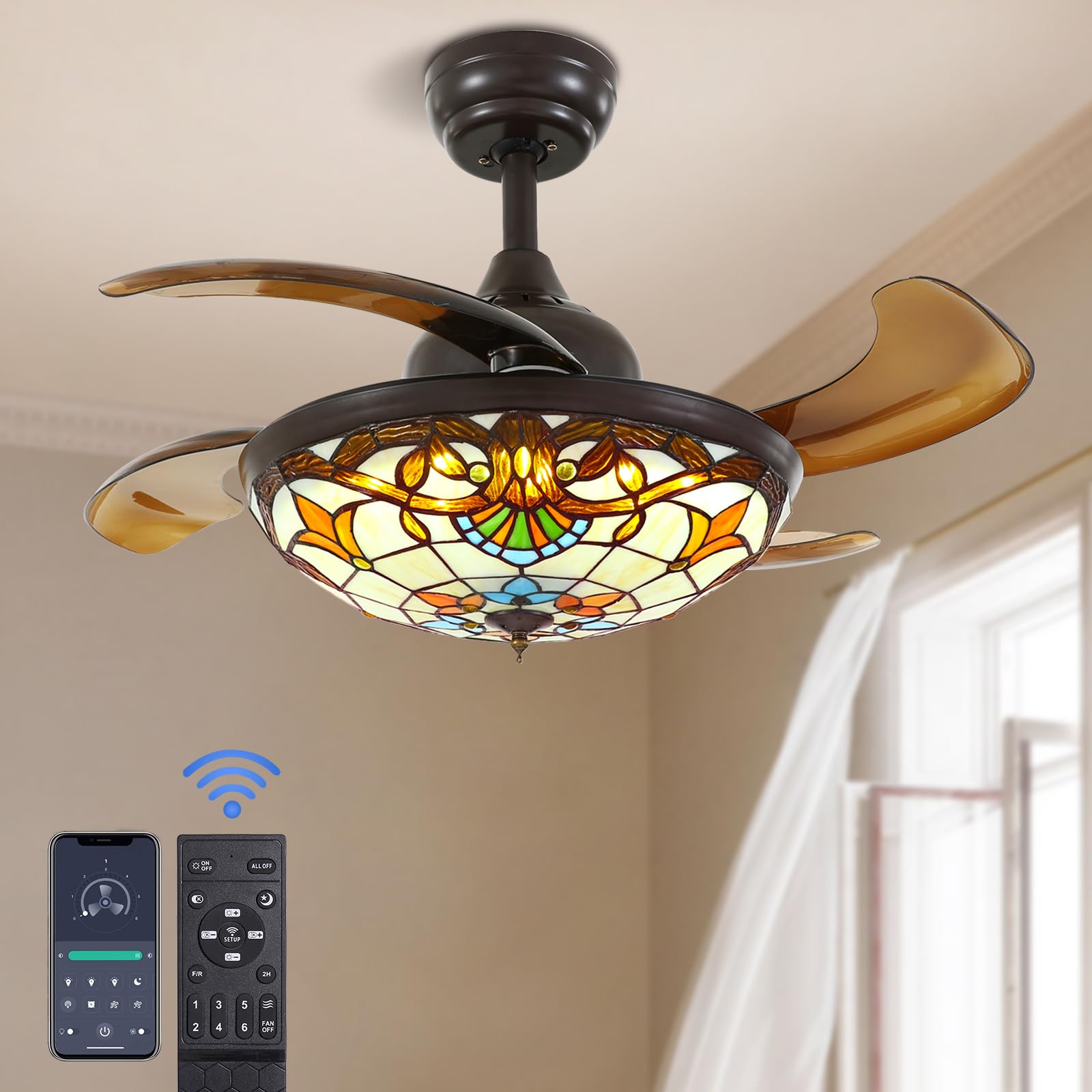 Apbeamlighting 36'' Tiffany Style Ceiling Fan With Lights, Remote Control Led Dimmable Fandelier Fixture With 4 Retractable Reve