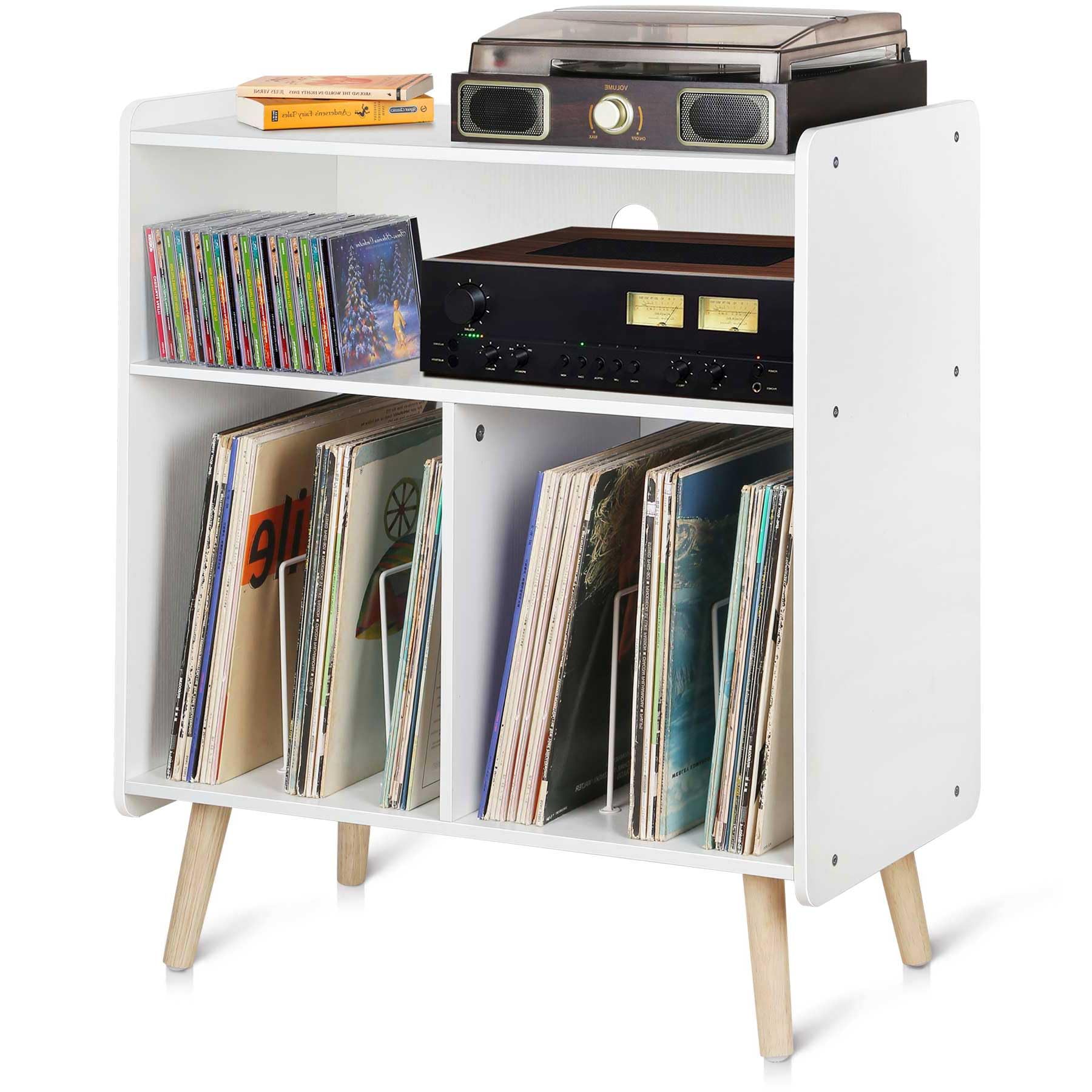 Possile Mid Century Wood Record Player Stand, Large Vintage Turntable Stand For Living Room, Office, 3 Tier Vinyl Record Storage