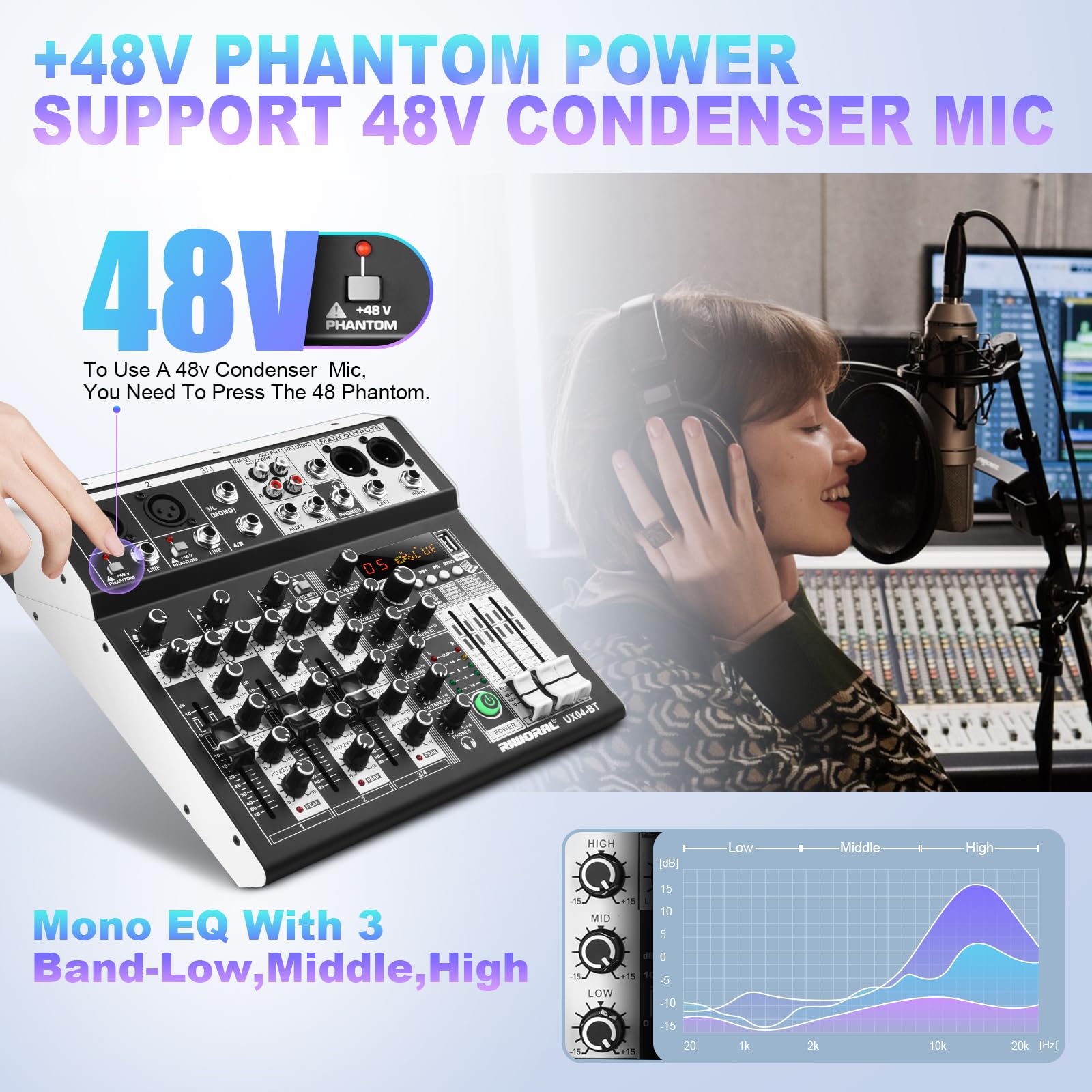 4 Channel Audio Interfacer Dj Mixer Sound Board 16 Bit Dsp Effect Usb Audio Mixer Effects +48V Phantom Bluetooth For Karaoke Stu