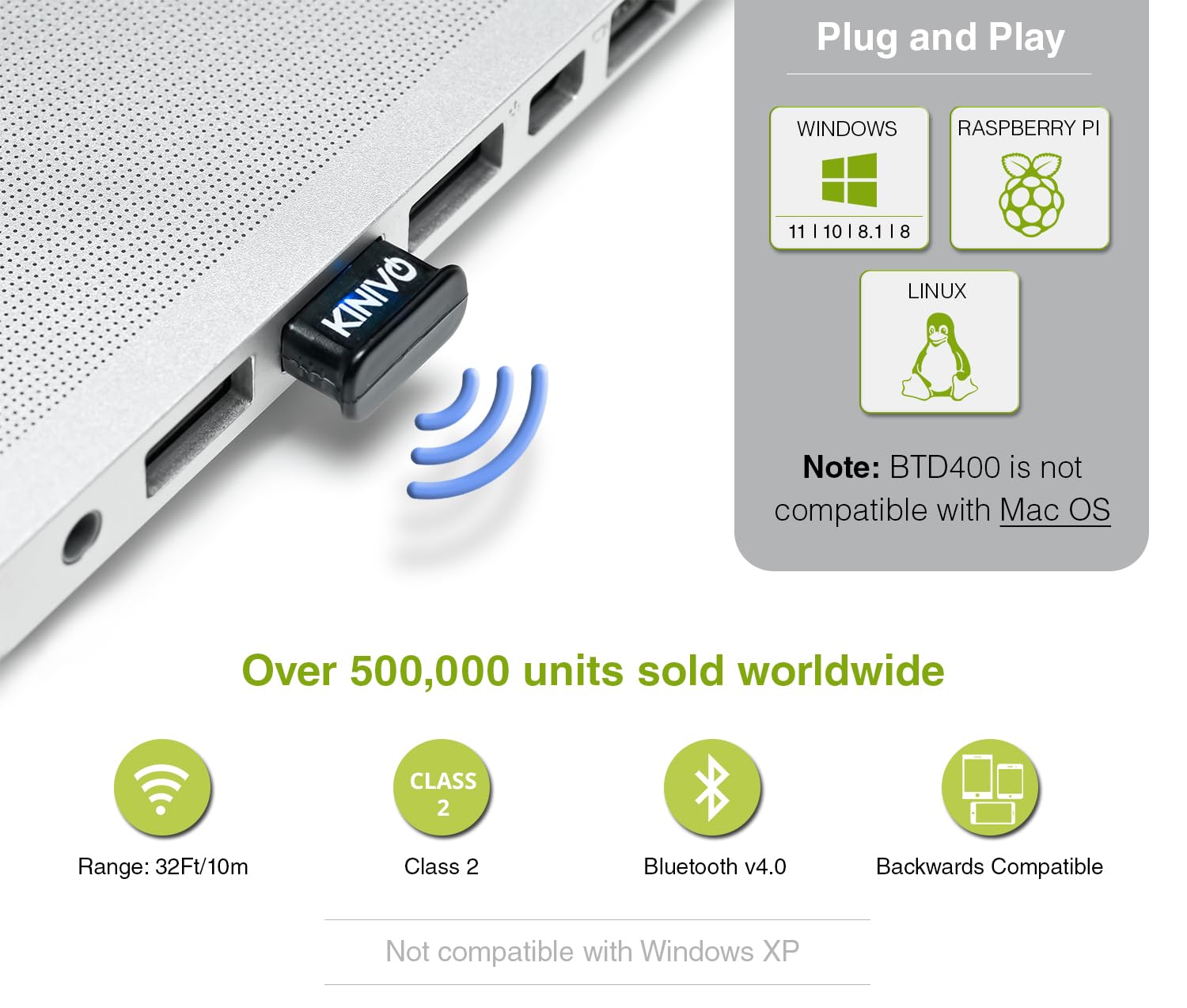 Kinivo Usb Bluetooth Adapter For Pc Btd400 (Bluetooth 4.0 Dongle Receiver, Low Energy)   Compatible With Windows 11/10/8.1/8, Ra