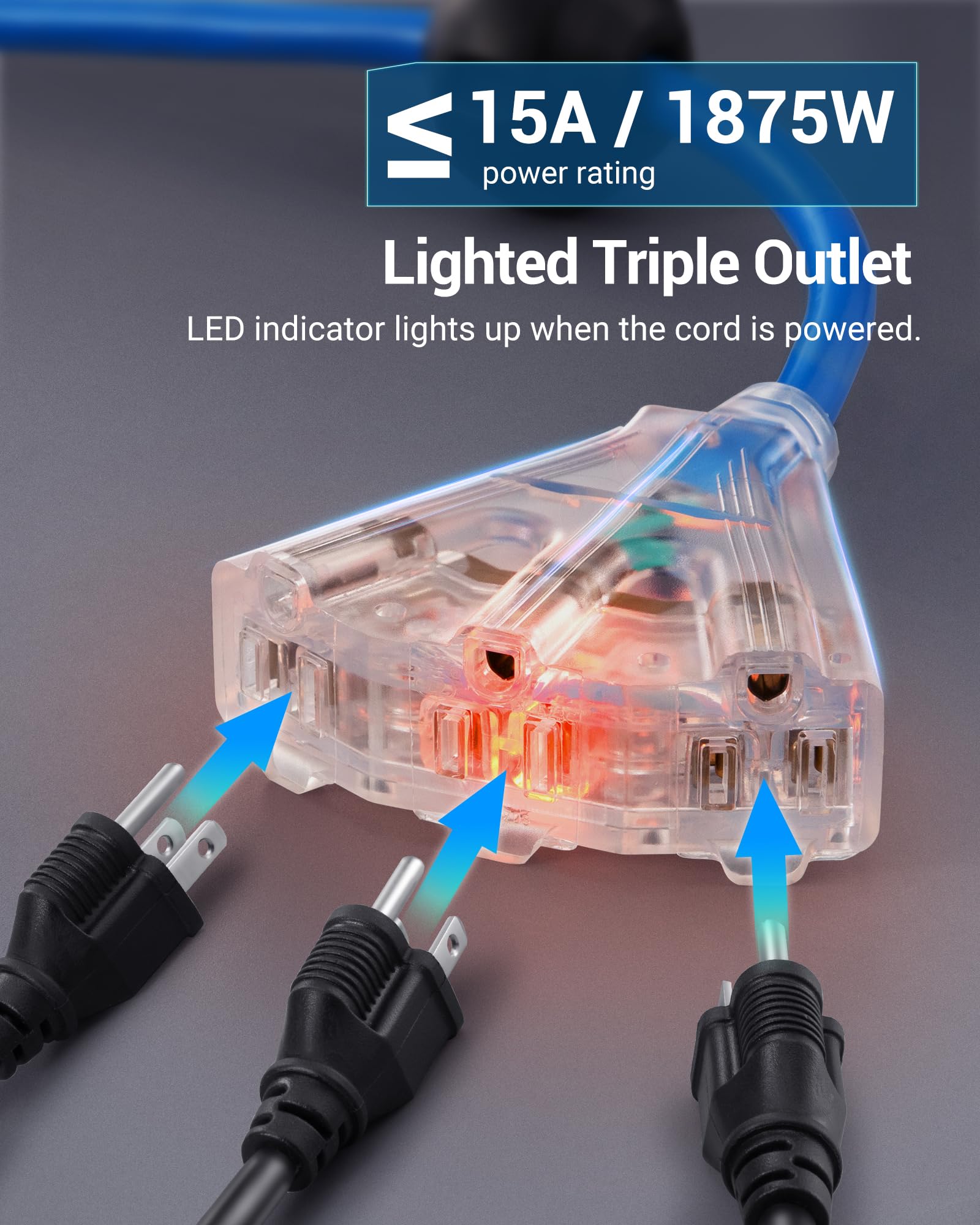 Dewenwils Heavy Duty Cord Reel, 40Ft Retractable Extension Power Cord, 12Awg/3C Sjtow, 3 Lighted Triple Outlets, 15A Circuit Bre