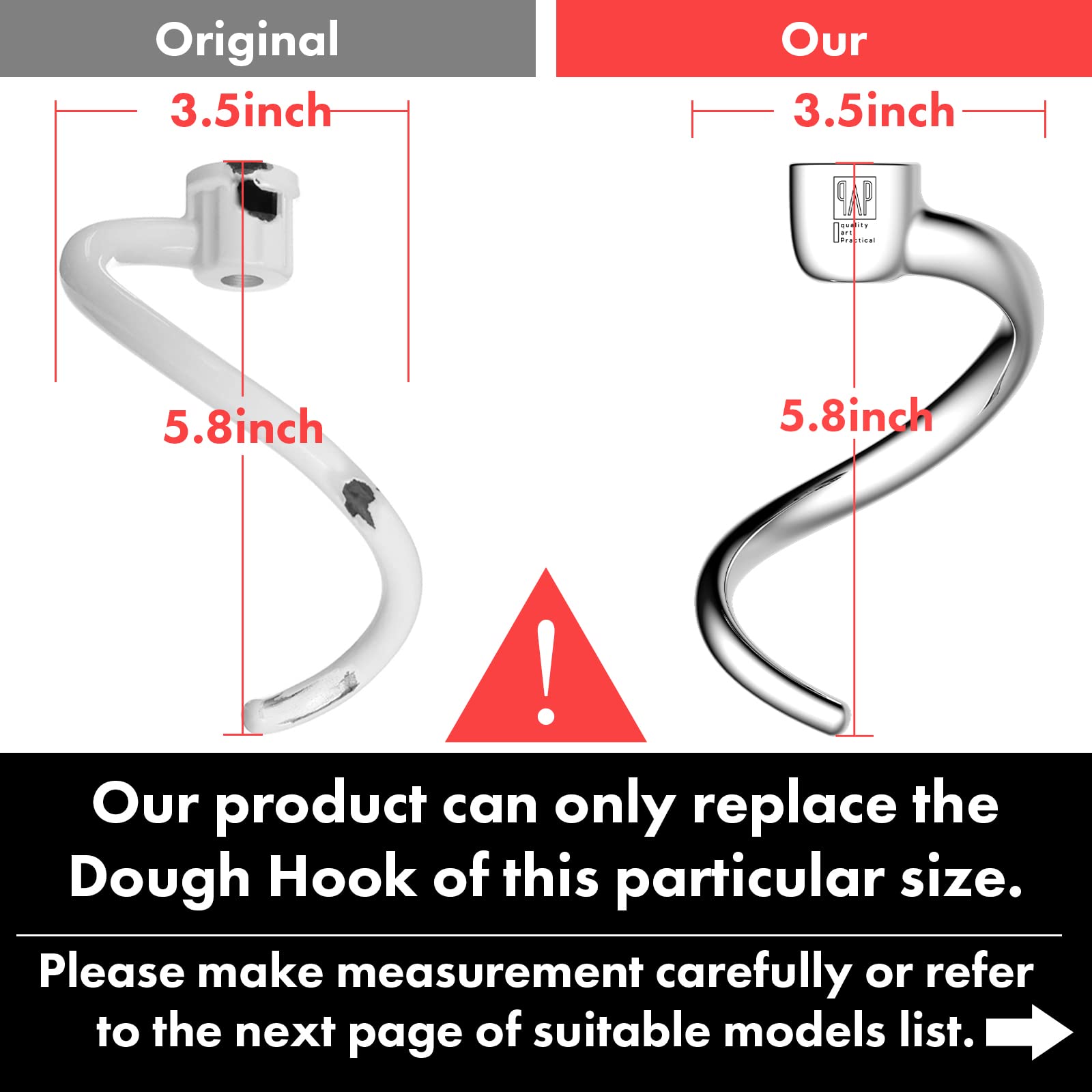 Spiral Dough Hook Replacement For Kitchenaid 4.5 5 Qt. Tilt Head Stand Mixers/18/8 Stainless Steel Accessories/No Coating/Dishwa