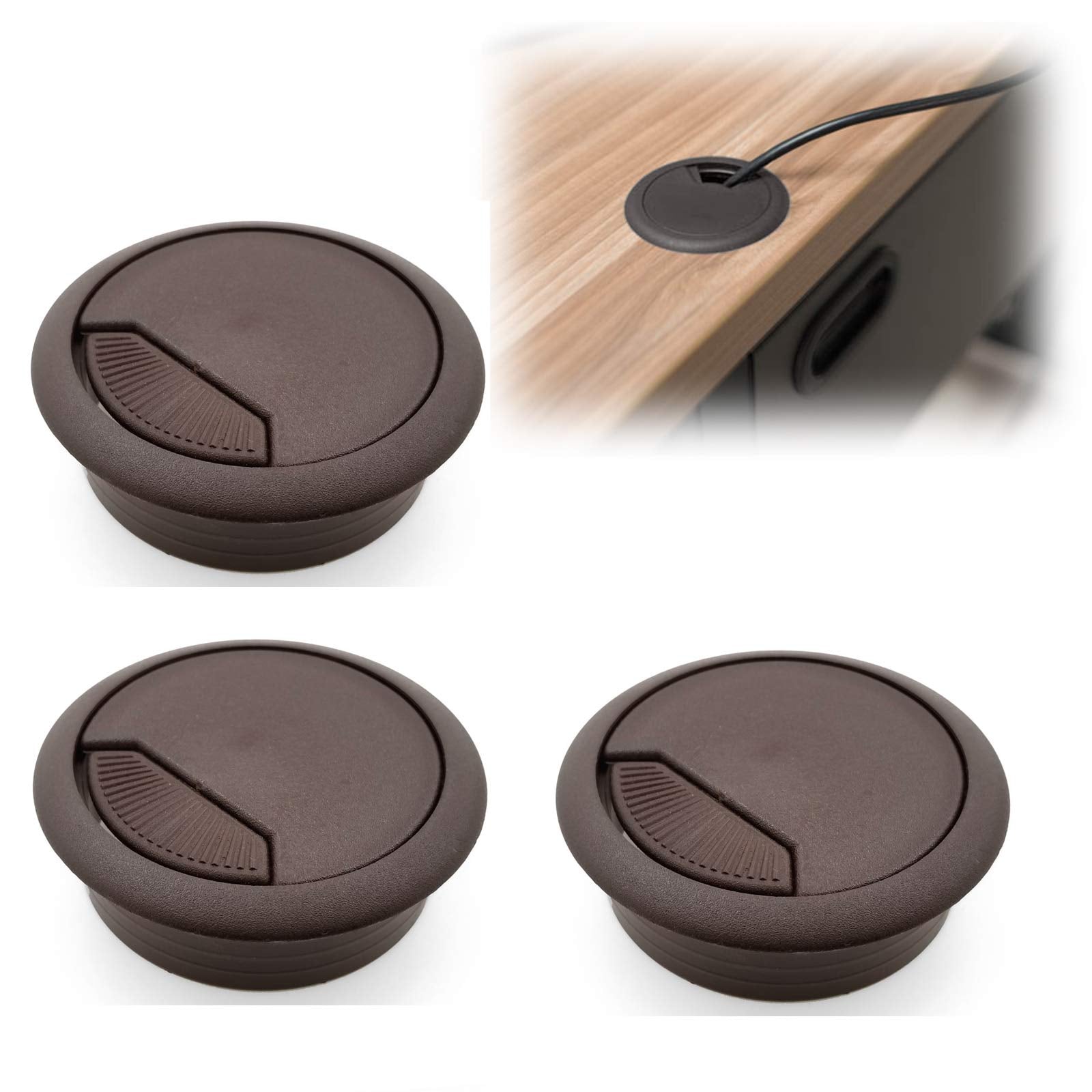 Modket M4327 51 Bn 3 Pc Computer Cord Cable Wires Organizer Hole Cover 2'' Brown Plastic Desk Grommet   3 Pack