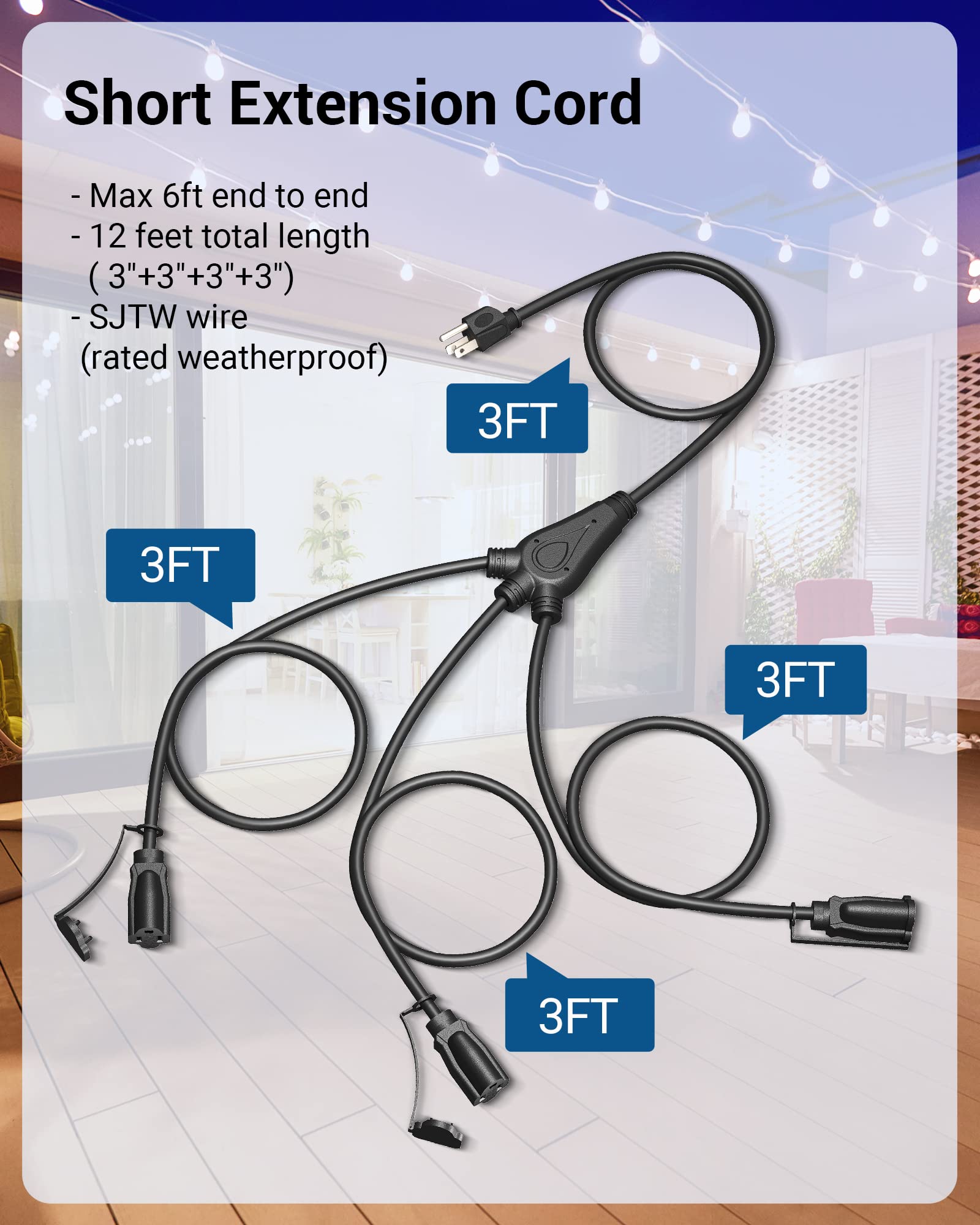 Dewenwils Outdoor Extension Cord 1 To 3 Splitter, Total 12Ft, 13A 125V 1625W 16/3C Sjtw Extension Cord Outdoor, Heavy Duty Exten