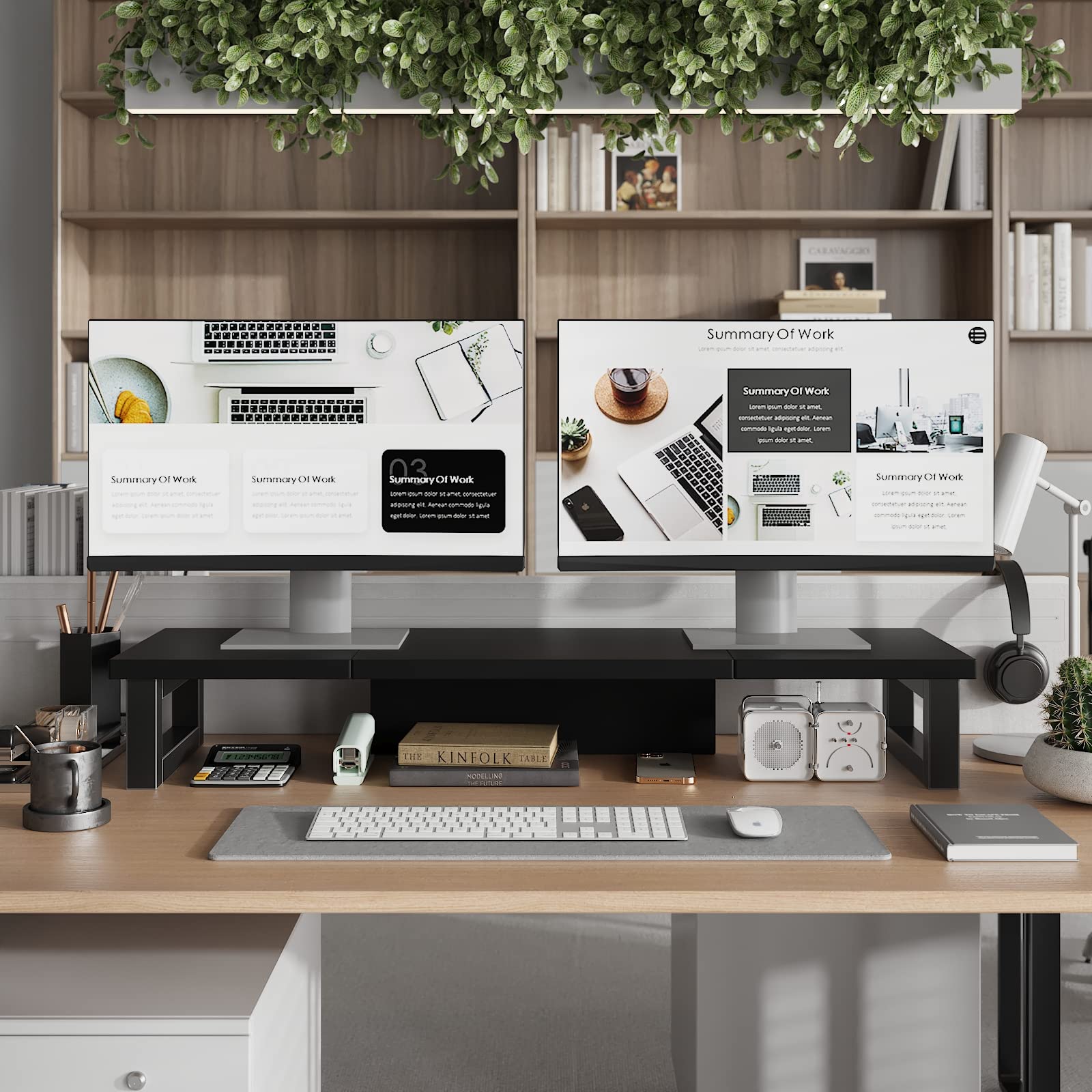 Westree Dual Monitor Stand Riser, Wood And Steel Monitor Stand Riser, Computer Monitor Stand For 2 Monitors, Multi Purpose Deskt