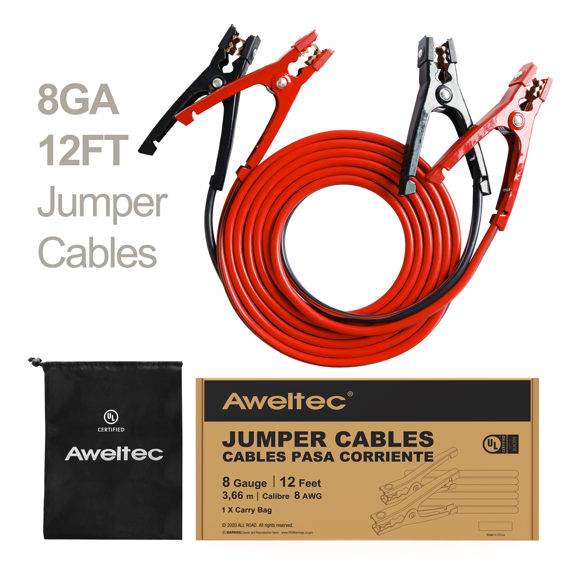 Aweltec Jumper Cables For Car, Ul Listed 8 Gauge 12 Feet Heavy Duty Booster Cables With Carry Bag (8Awg X 12Ft)