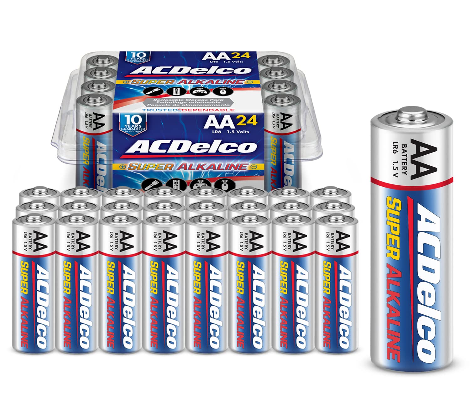 Acdelco 24 Count Aa Batteries, Maximum Power Super Alkaline Battery, 10 Year Shelf Life, Recloseable Packaging