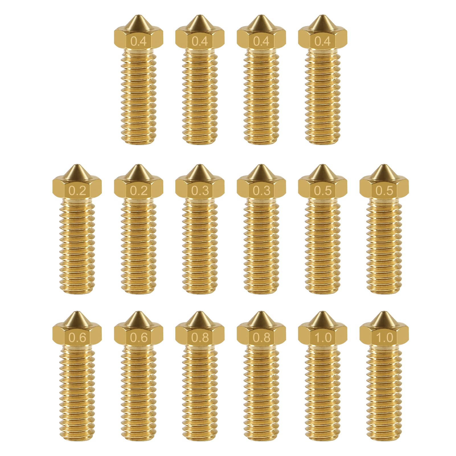 16Pcs 3D Brass Volcano Nozzle M6 Thread Nozzles 0.2Mm,0.3Mm,0.4Mm,0.5Mm,0.6Mm,0.8Mm,1.0Mm M6 Printed Head For 1.75Mm Filament 3D