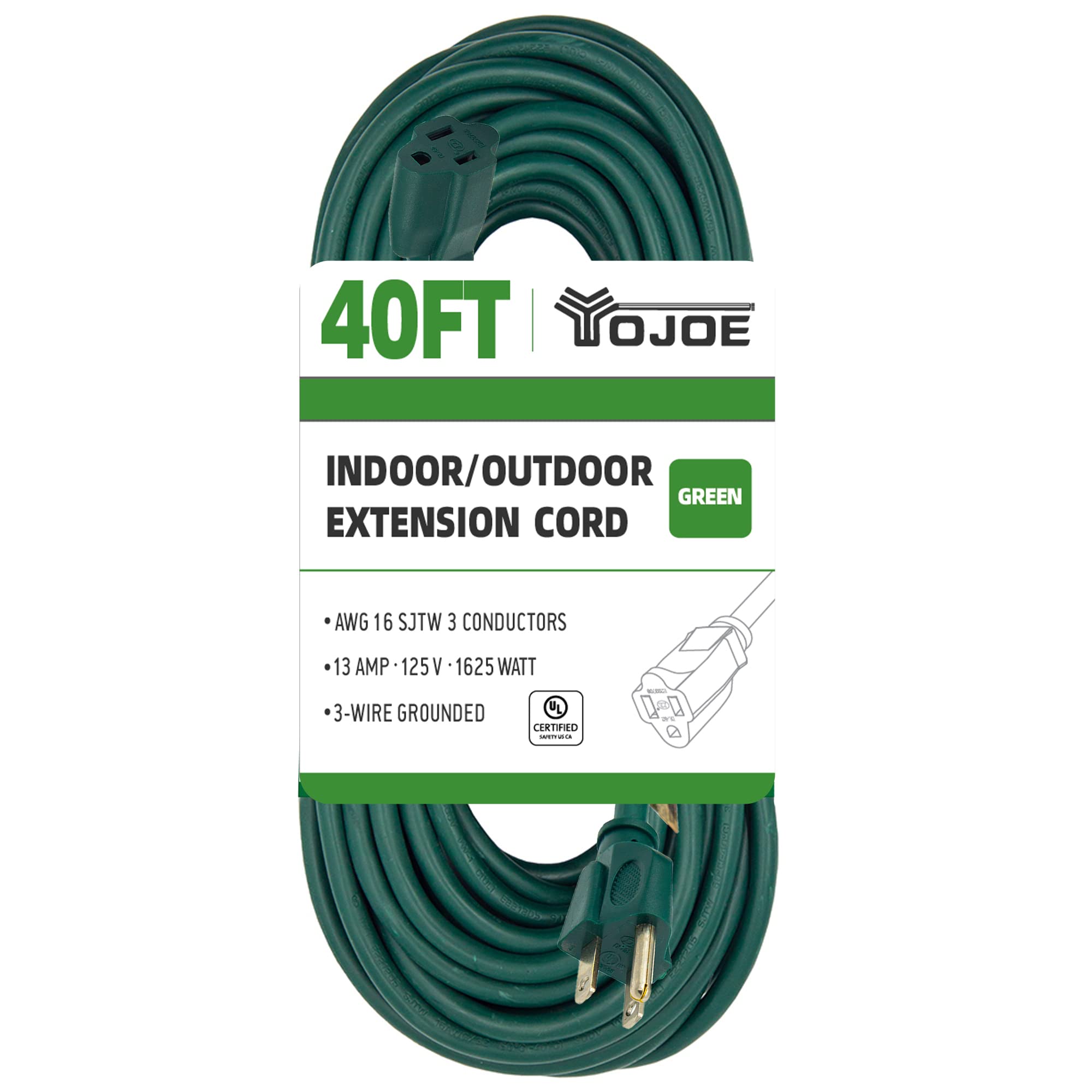 Yojoe Indoor Outdoor Extension Cord, 3 Prong 13A Weatherproof Power Extension Cord, 16 Gauge Heavy Duty 40 Ft Green Extension Co