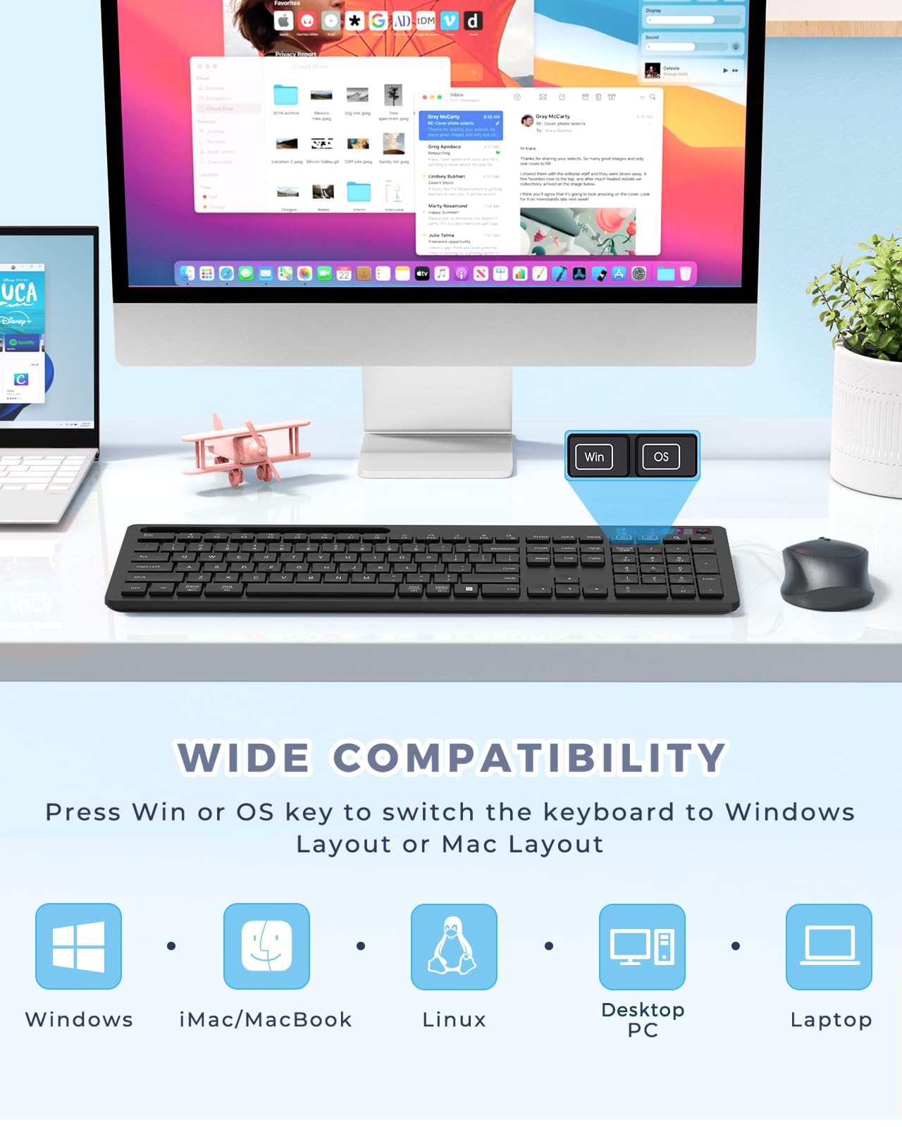 Keyboard And Mouse Wireless, Vivefox Wireless Keyboard With Phone Holder Usb A & Type C Receiver Cute Keyboard And Mouse Compati