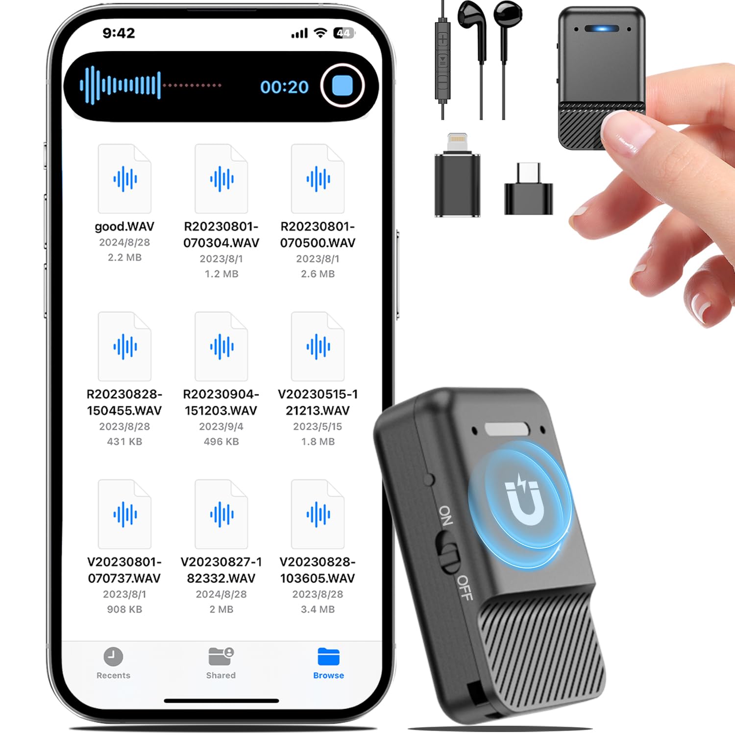 Magnetic Voice Recorder,64Gb Audio Recorder,Digital Voice Recorder With Al Triple Noise Cancellation,Voice Activated Recorder Wi