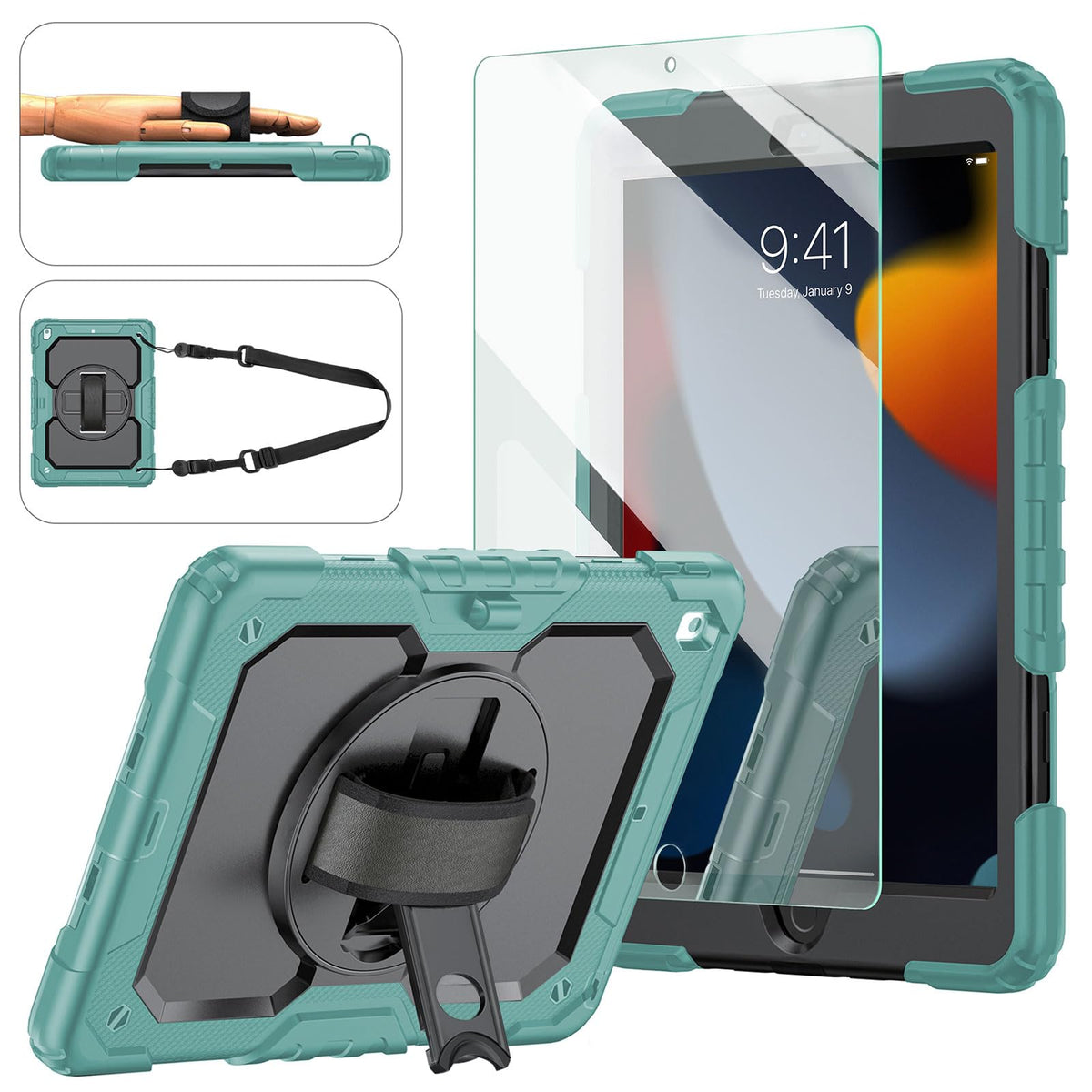 Ambison Case For Ipad 9Th/8Th/7Th Generation 10.2'' 2021/2020/2019, [Kid Proof] Full Body Protective Case With 9H Tempered Glass Screen Protector, 360° Rotatable Kickstand & Hand Strap (Teal & Black)