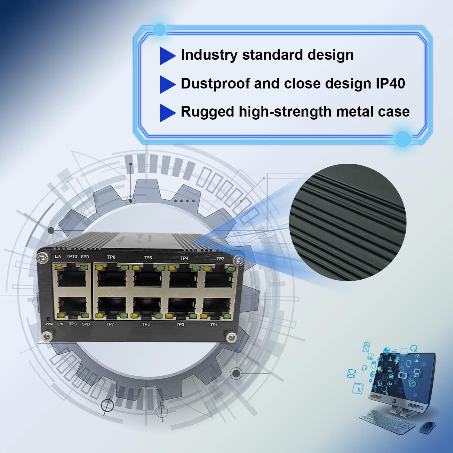 Hardened Industrial Gigabit Compact Ethernet Switch 10 Port 10/100/1000Base T Rj45 With Auto Mdi/Mdi X Function 10/100Mbps Half/